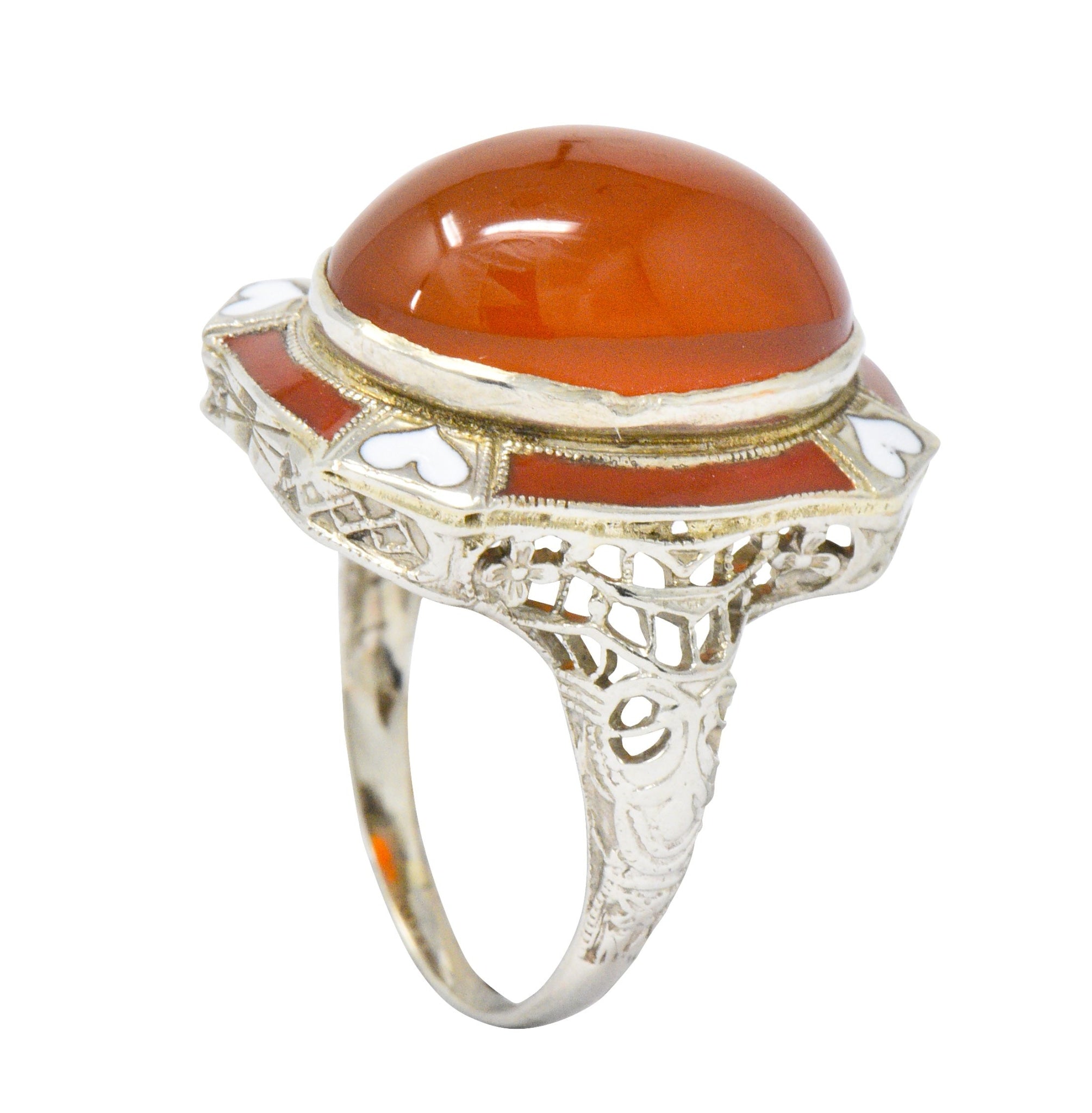 Art Deco Carnelian Enamel Hearts 14 Karat White Gold Ring - Wilson's Estate Jewelry