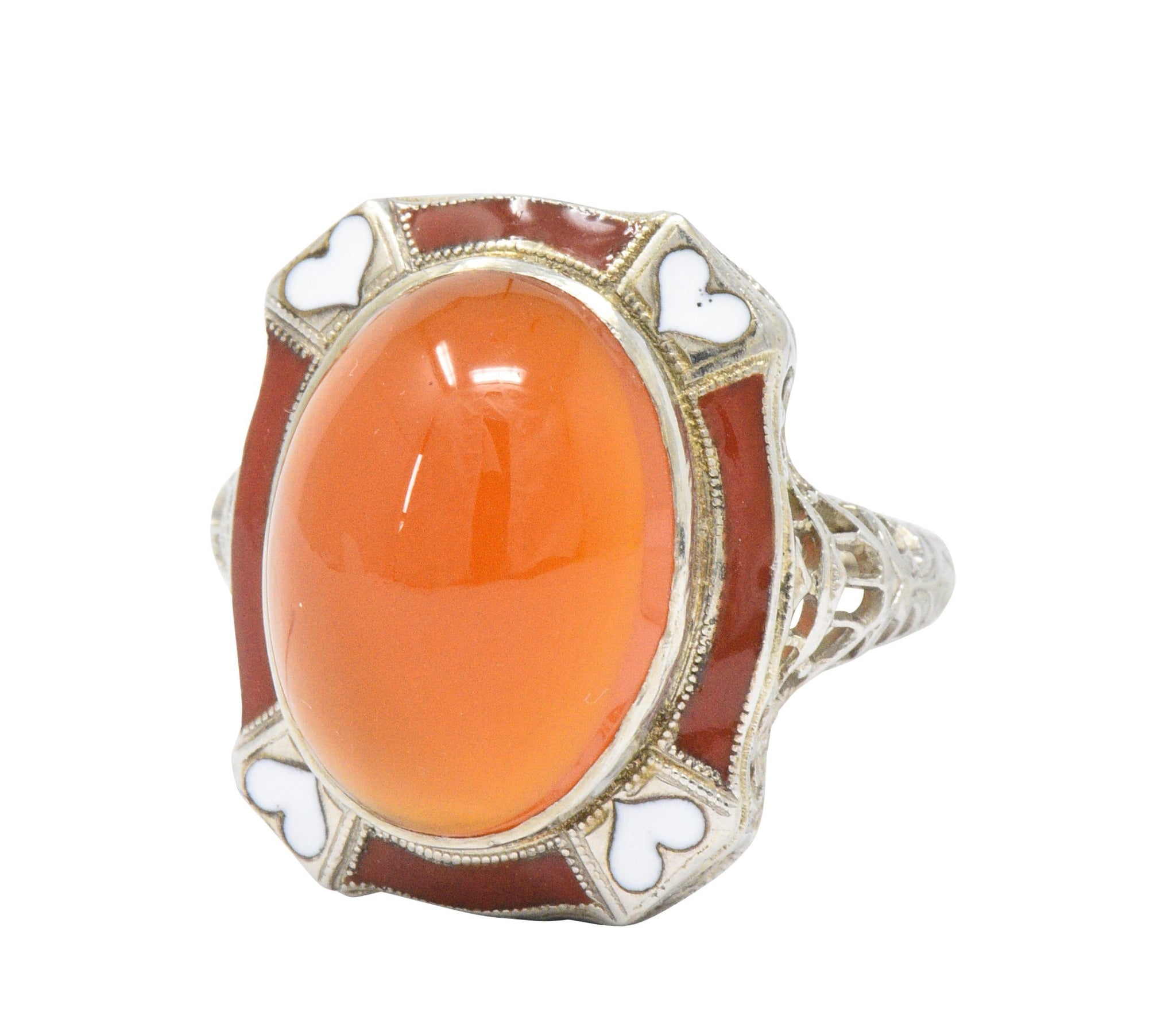 Art Deco Carnelian Enamel Hearts 14 Karat White Gold Ring - Wilson's Estate Jewelry