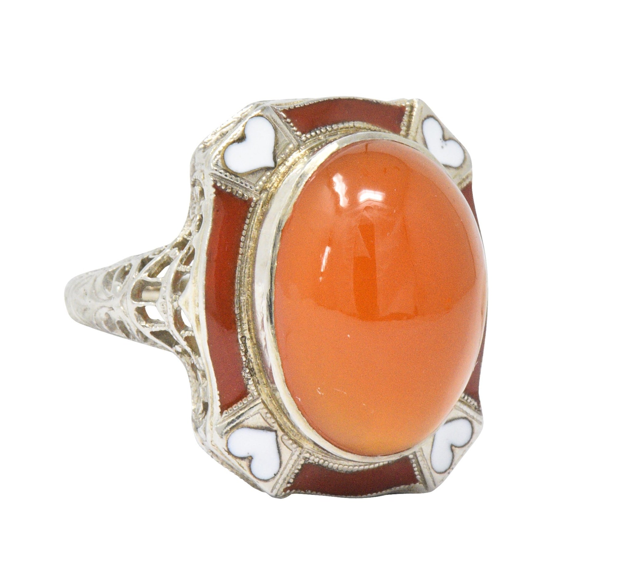 Art Deco Carnelian Enamel Hearts 14 Karat White Gold Ring - Wilson's Estate Jewelry
