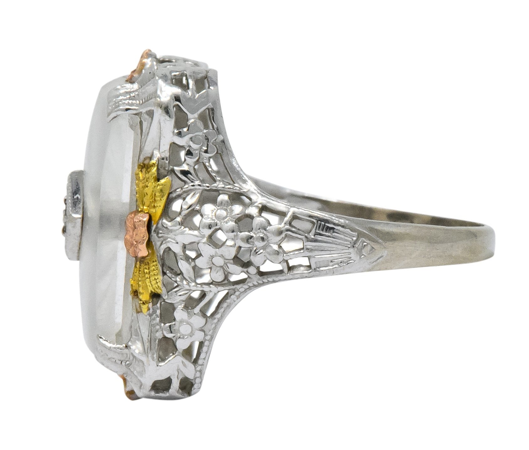 Art Deco Diamond Camphor Glass 14 Karat Tri-Color Gold Dinner Ring - Wilson's Estate Jewelry