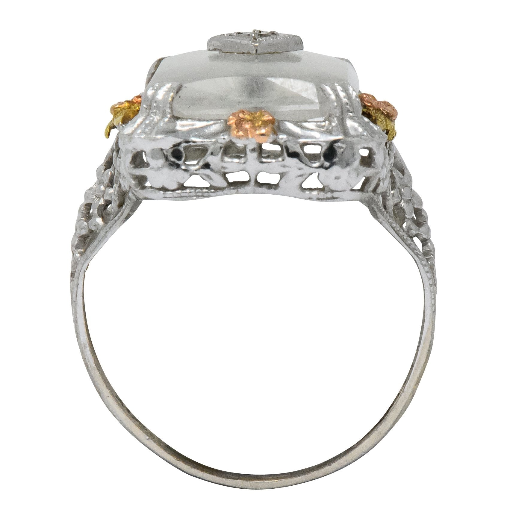 Art Deco Diamond Camphor Glass 14 Karat Tri-Color Gold Dinner Ring - Wilson's Estate Jewelry