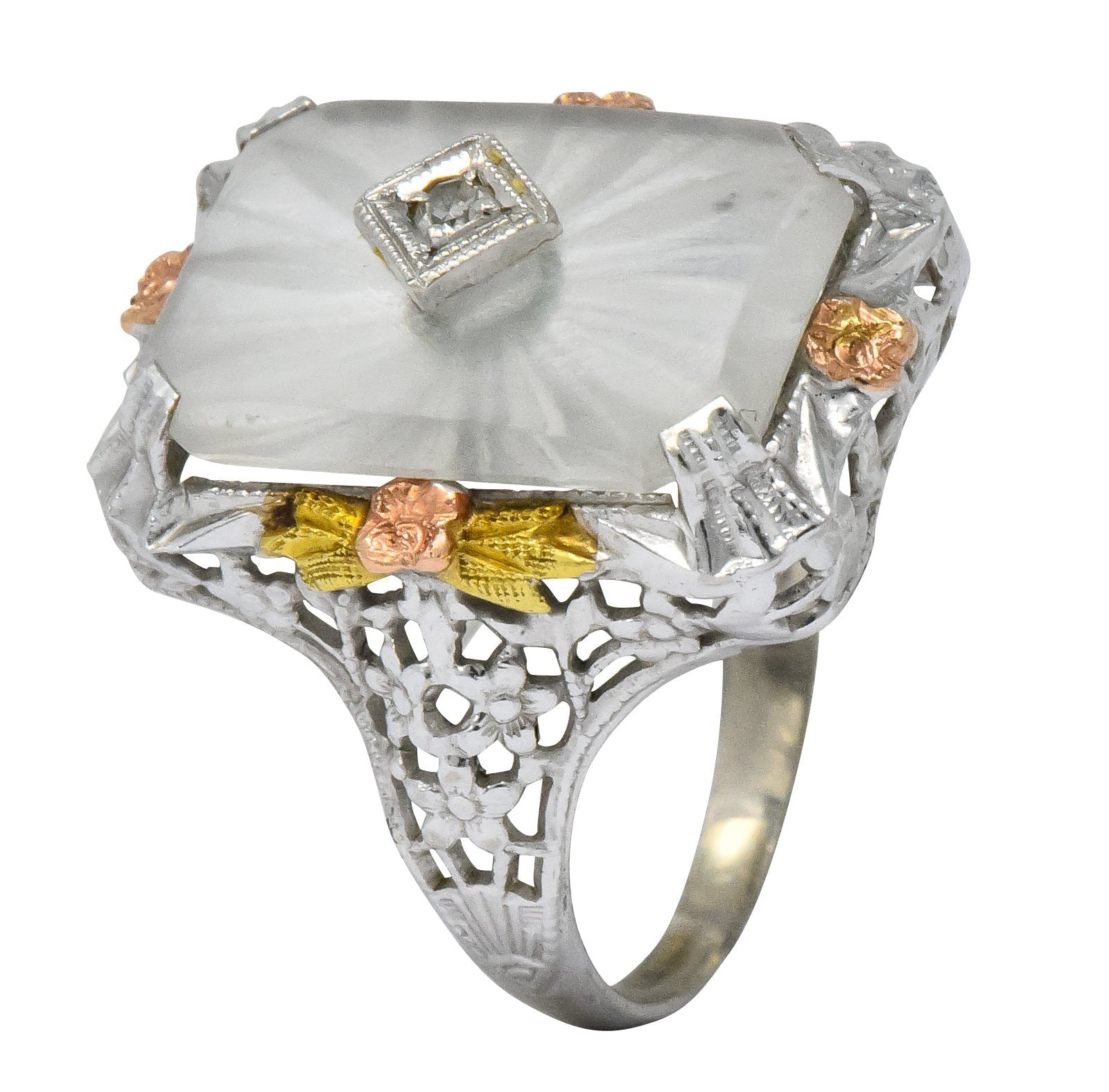 Art Deco Diamond Camphor Glass 14 Karat Tri-Color Gold Dinner Ring - Wilson's Estate Jewelry