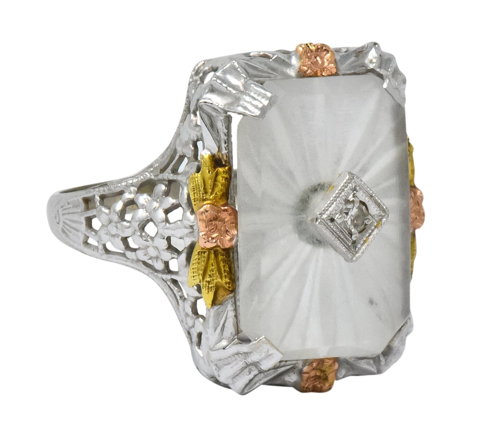 Art Deco Diamond Camphor Glass 14 Karat Tri-Color Gold Dinner Ring - Wilson's Estate Jewelry