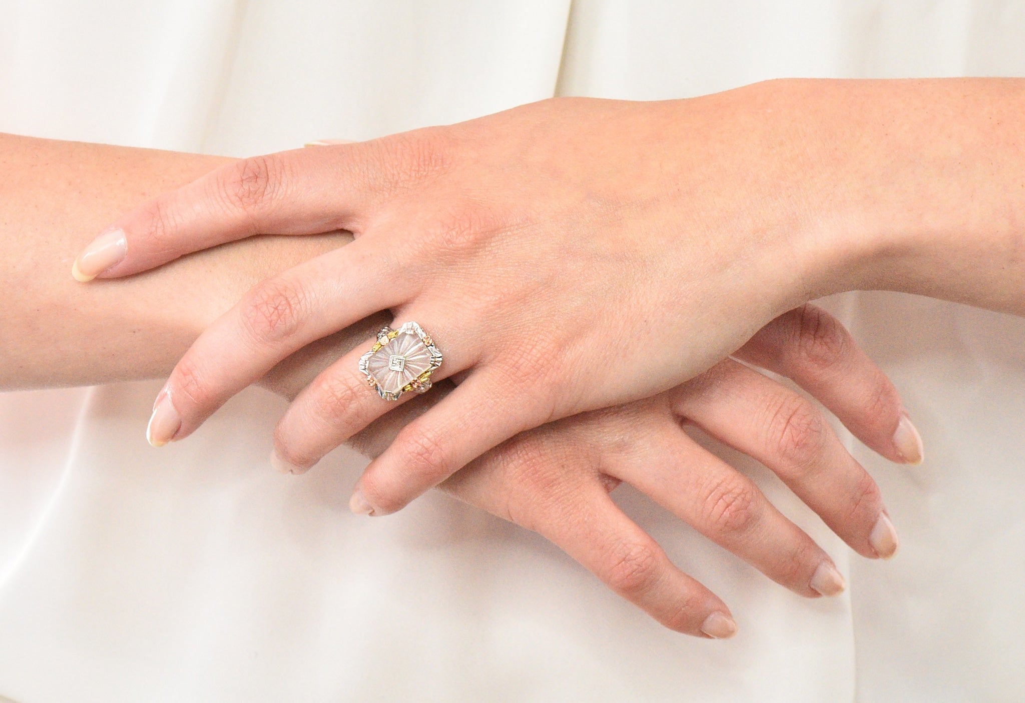Art Deco Diamond Camphor Glass 14 Karat Tri-Color Gold Dinner Ring - Wilson's Estate Jewelry