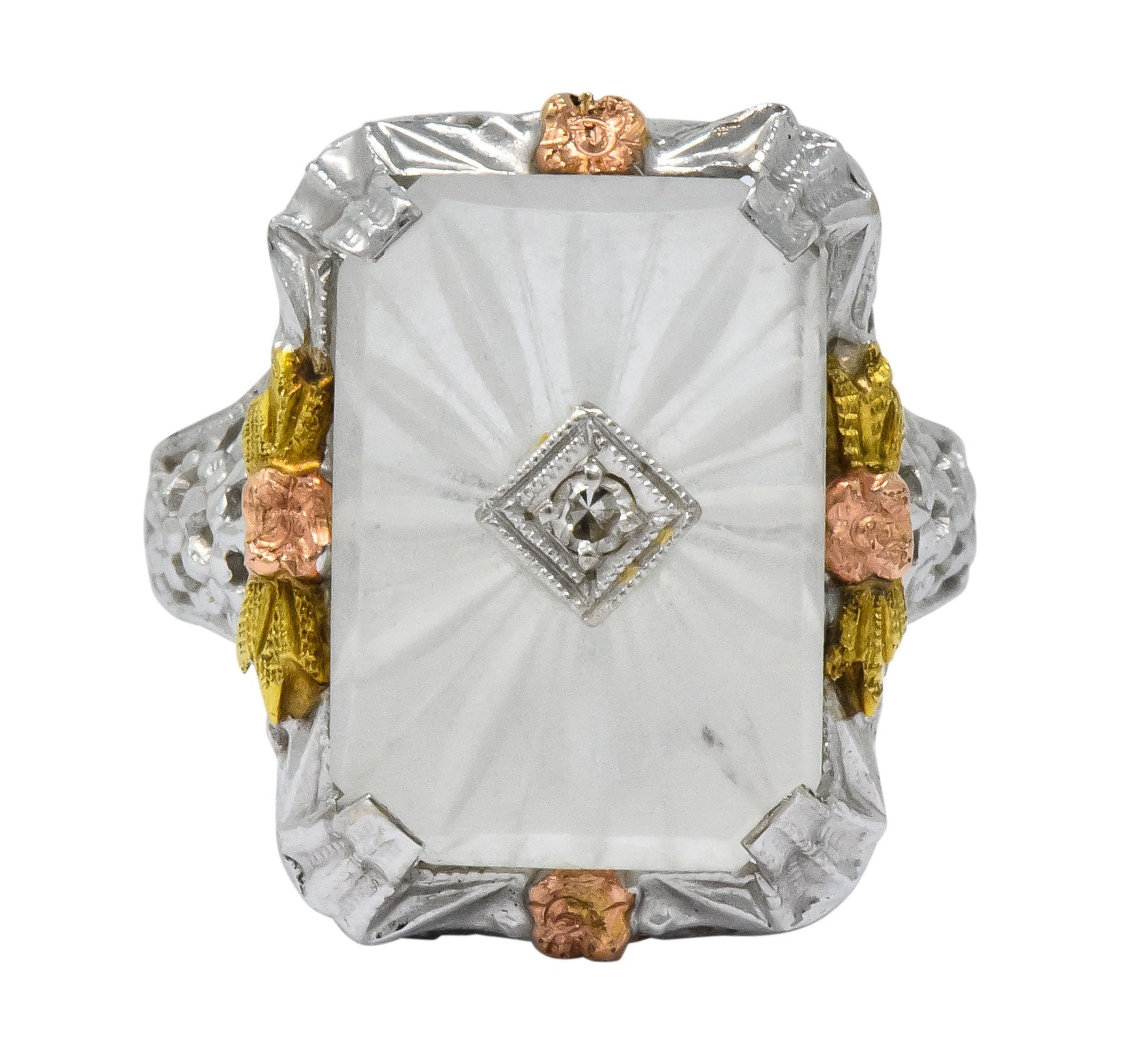 Art Deco Diamond Camphor Glass 14 Karat Tri-Color Gold Dinner Ring - Wilson's Estate Jewelry