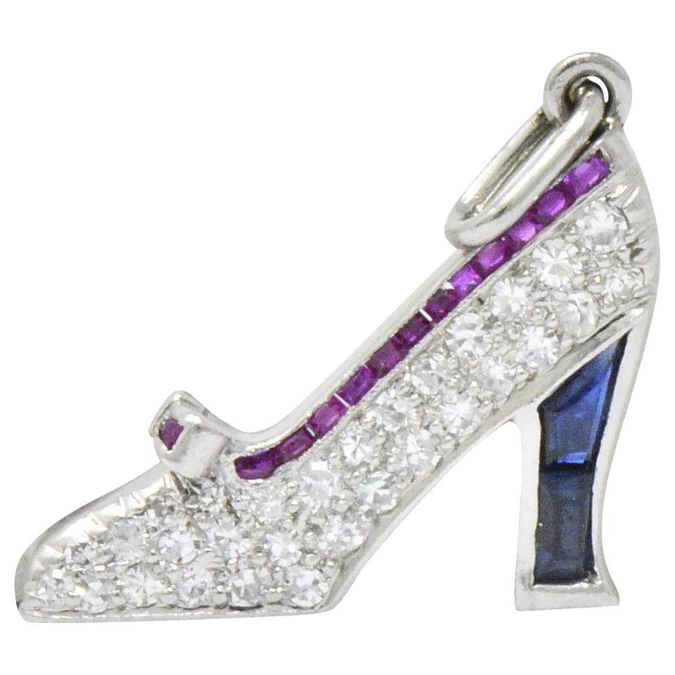 Art Deco Diamond Sapphire Ruby Platinum High-Heel Shoe Charm Wilson's Estate Jewelry