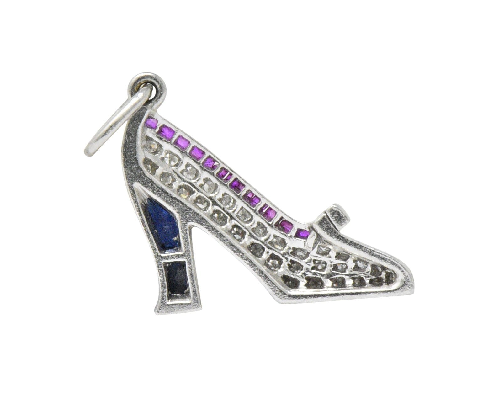 Art Deco Diamond Sapphire Ruby Platinum High-Heel Shoe Charm Wilson's Estate Jewelry