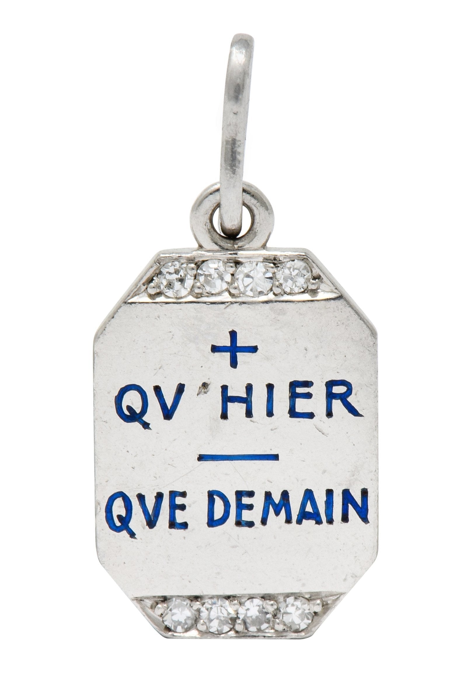 Art Deco French Enamel Diamond Platinum Qu Hier Que Demain Love Poem Charm - Wilson's Estate Jewelry