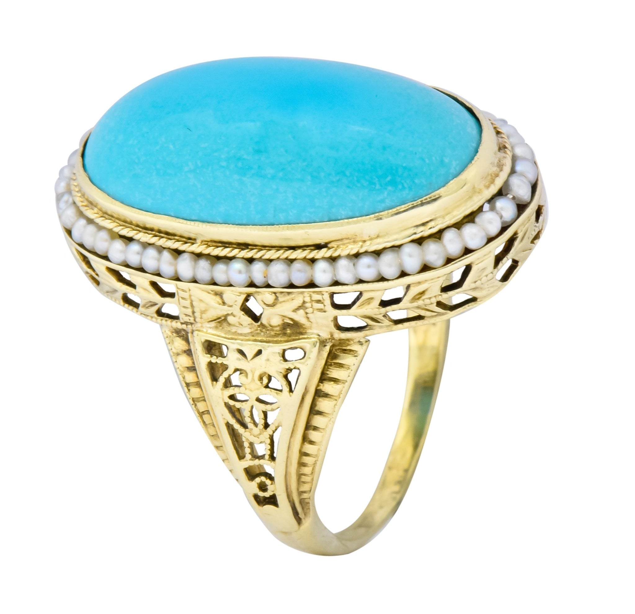 Art Deco Turquoise Seed Pearl 14 Karat Gold Fashion Ring - Wilson's Estate Jewelry