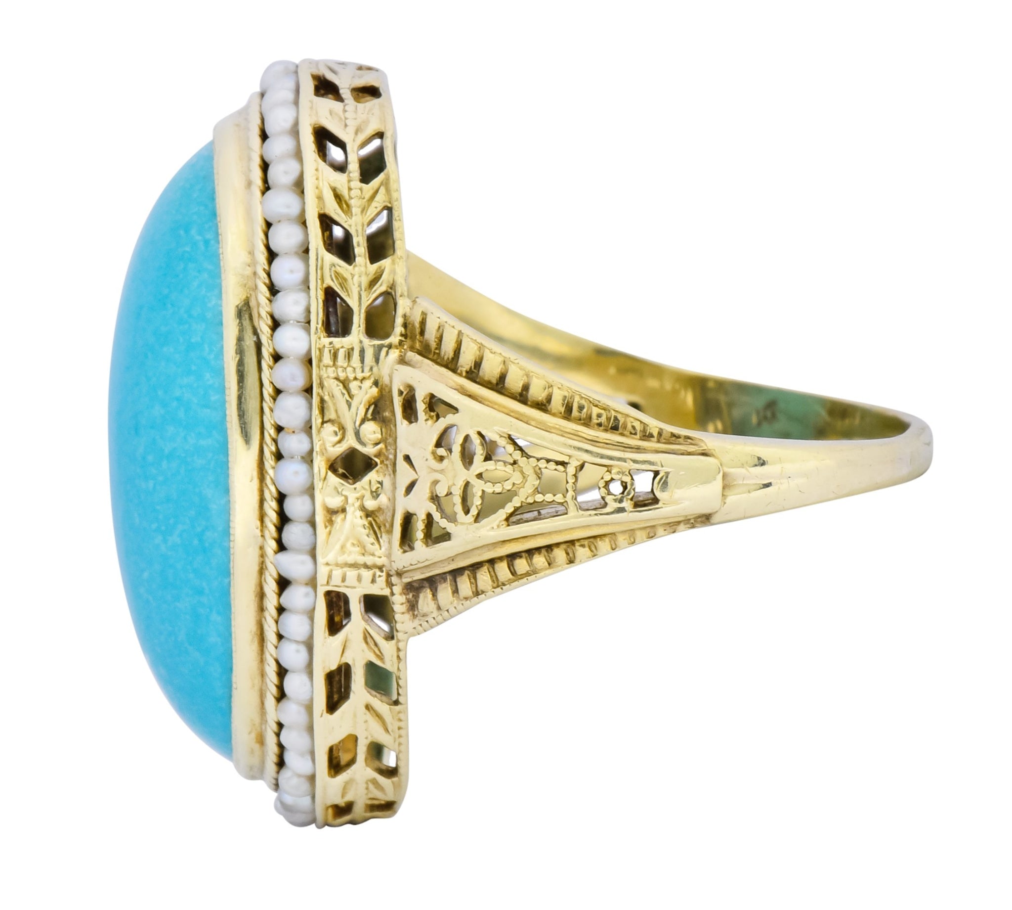 Art Deco Turquoise Seed Pearl 14 Karat Gold Fashion Ring - Wilson's Estate Jewelry