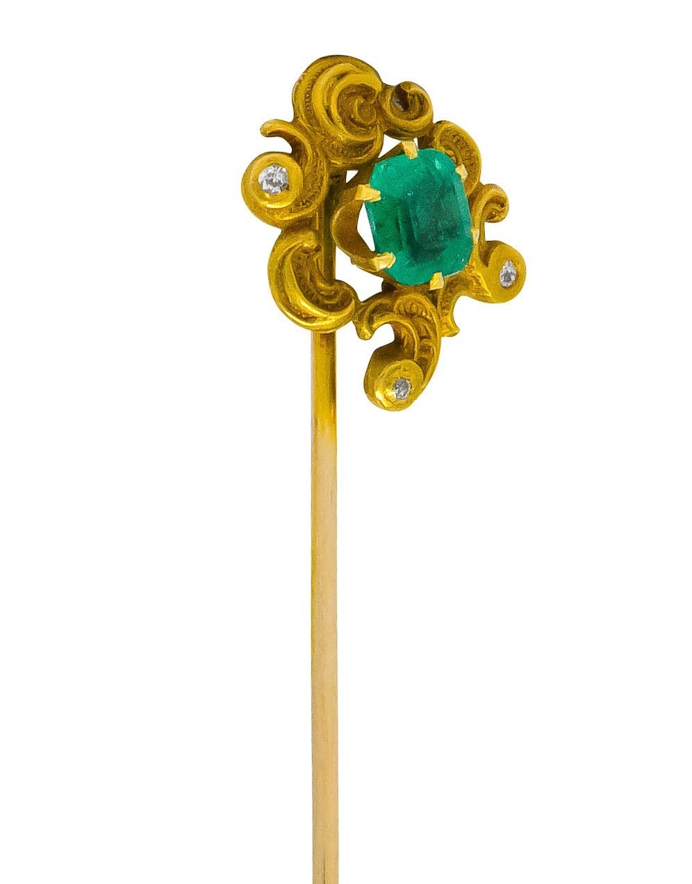 Art Nouveau Emerald Diamond Paisley Whiplash Stickpin - Wilson's Estate Jewelry