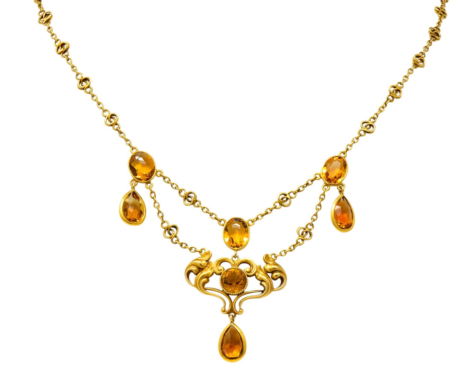 Art Nouveau 11.50 CTW Citrine 14 Karat Gold Swag Necklace - Wilson's Estate Jewelry