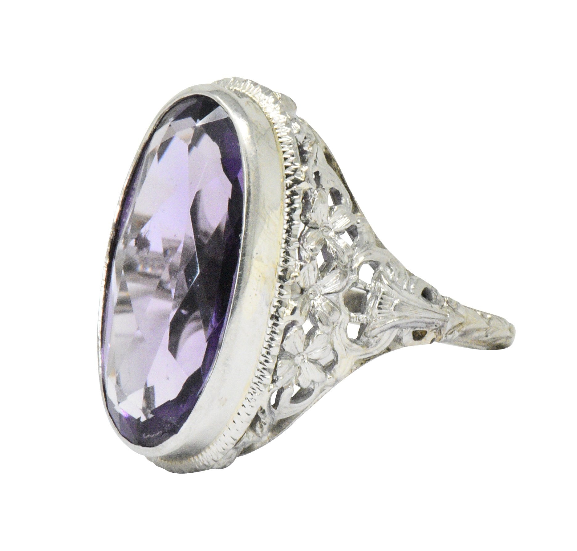 Art Nouveau 6.75 CTW Amethyst 18 Karat White Gold Ring Wilson's Estate Jewelry