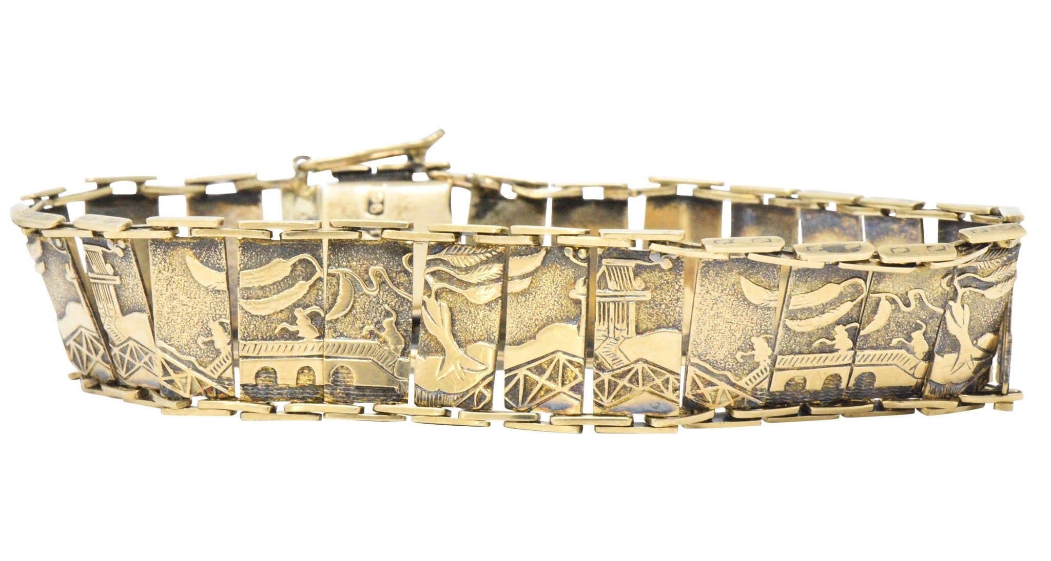 Art Nouveau 9 Karat Gold Asian Scenic Panel Link Bracelet Wilson's Estate Jewelry