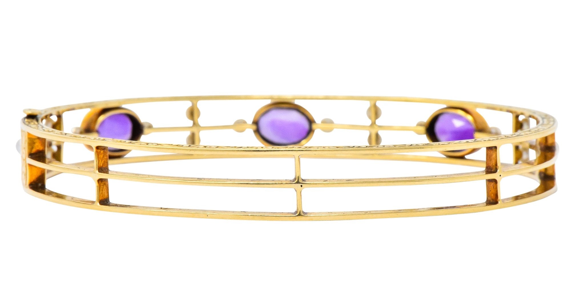 Art Nouveau Amethyst Pearl 14 Karat Gold Bangle Bracelet - Wilson's Estate Jewelry