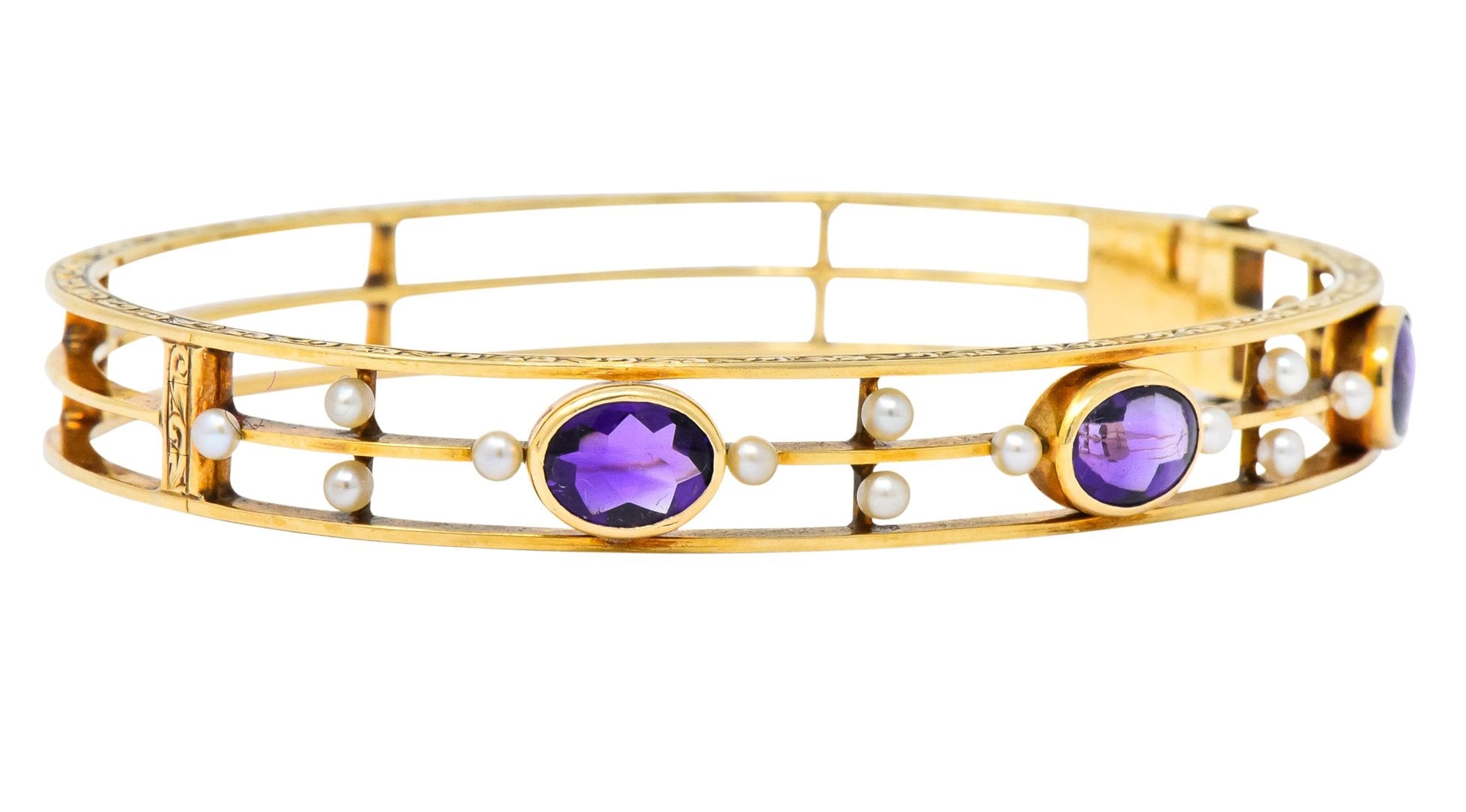 Art Nouveau Amethyst Pearl 14 Karat Gold Bangle Bracelet - Wilson's Estate Jewelry