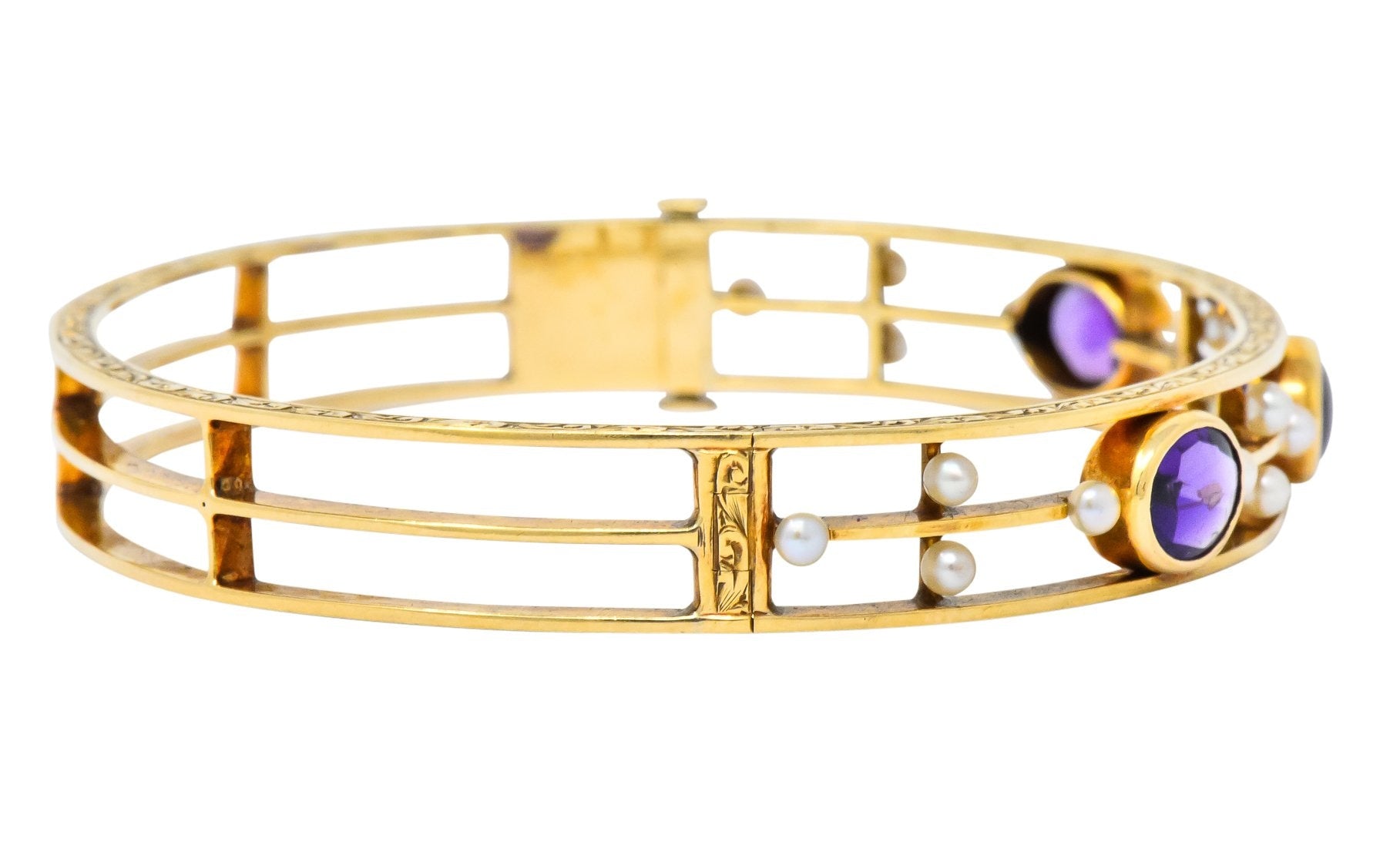 Art Nouveau Amethyst Pearl 14 Karat Gold Bangle Bracelet - Wilson's Estate Jewelry