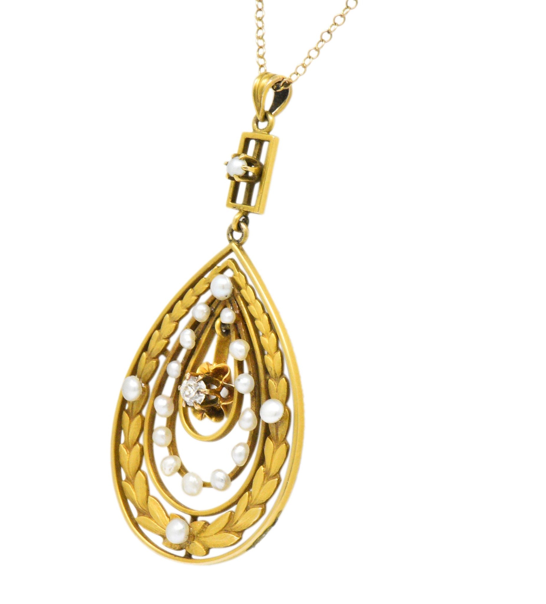 Art Nouveau Diamond Seed Pearl 14 Karat Gold Drop Pendant Necklace Wilson's Estate Jewelry