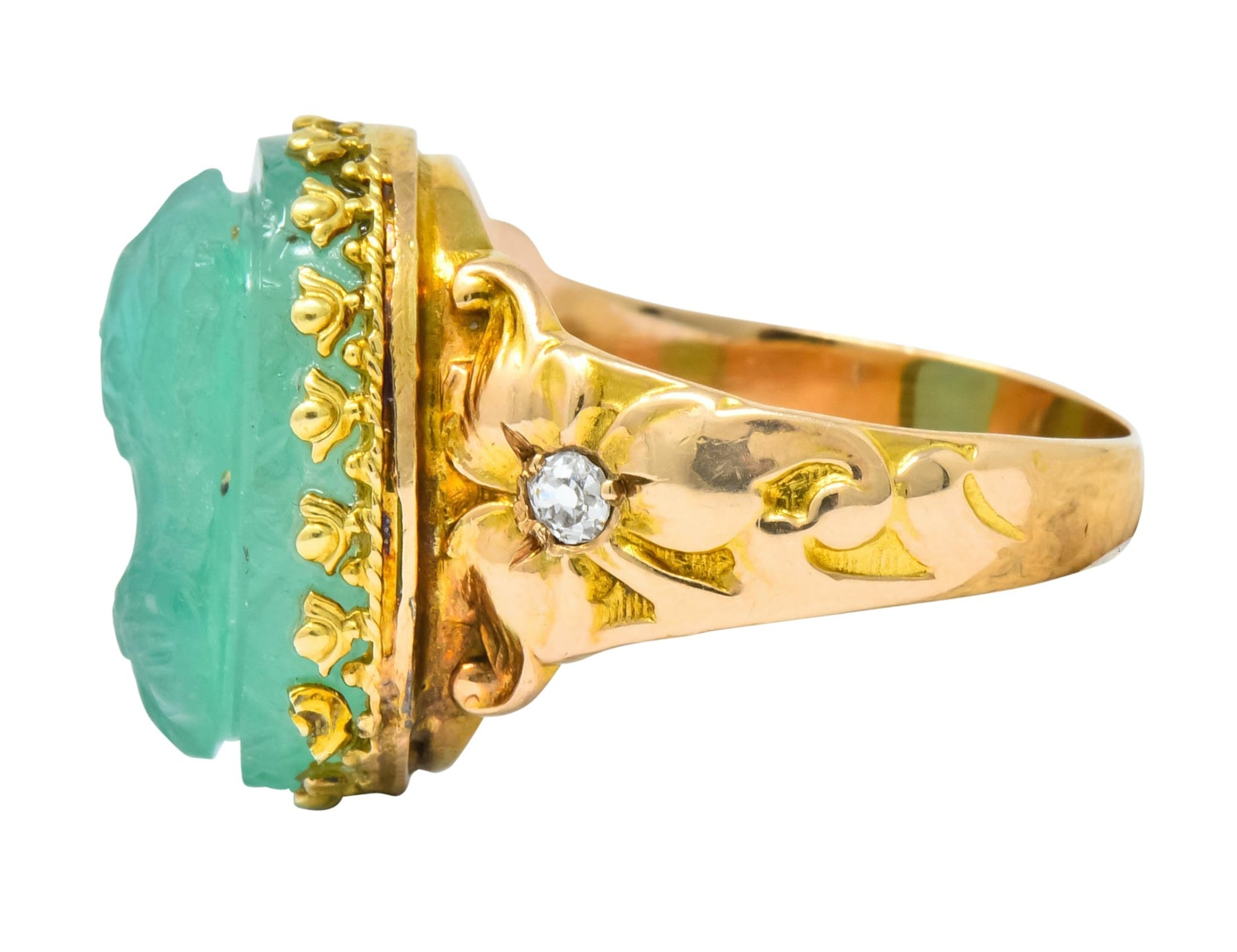 Art Nouveau Emerald Diamond 14 Karat Gold Cameo Ring - Wilson's Estate Jewelry