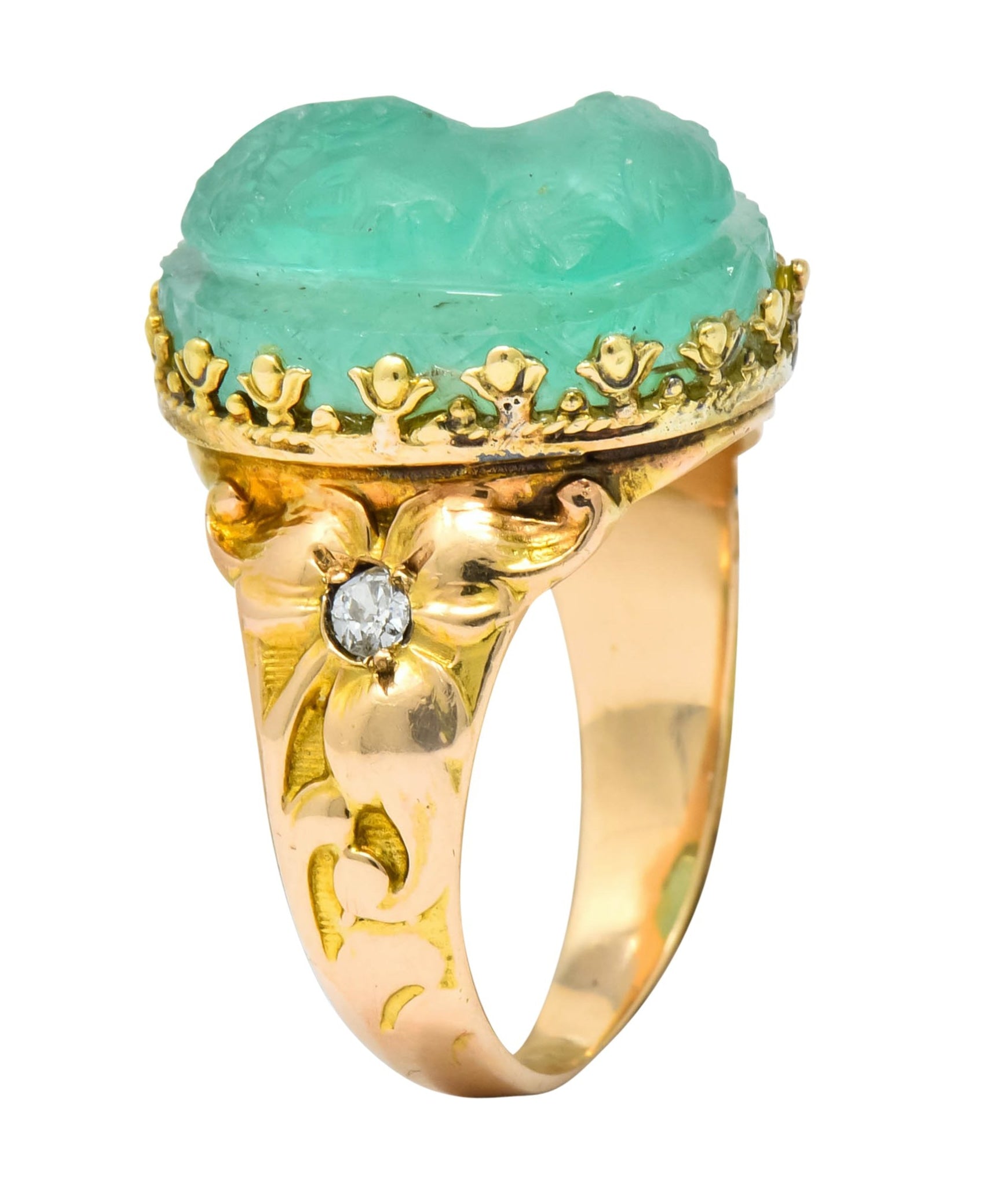 Art Nouveau Emerald Diamond 14 Karat Gold Cameo Ring - Wilson's Estate Jewelry