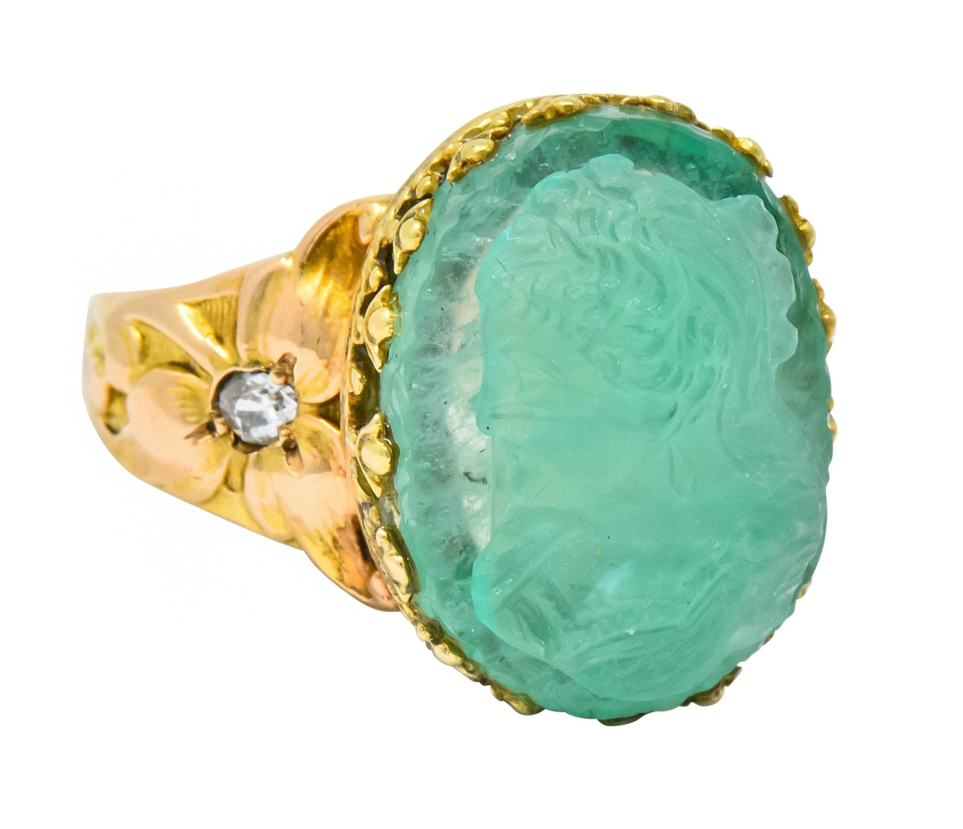 Art Nouveau Emerald Diamond 14 Karat Gold Cameo Ring - Wilson's Estate Jewelry