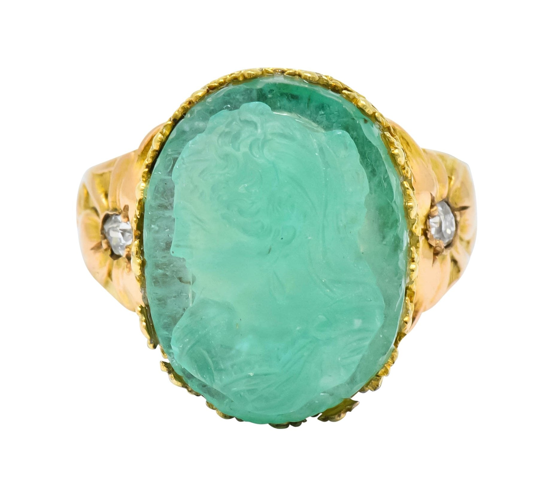 Art Nouveau Emerald Diamond 14 Karat Gold Cameo Ring - Wilson's Estate Jewelry