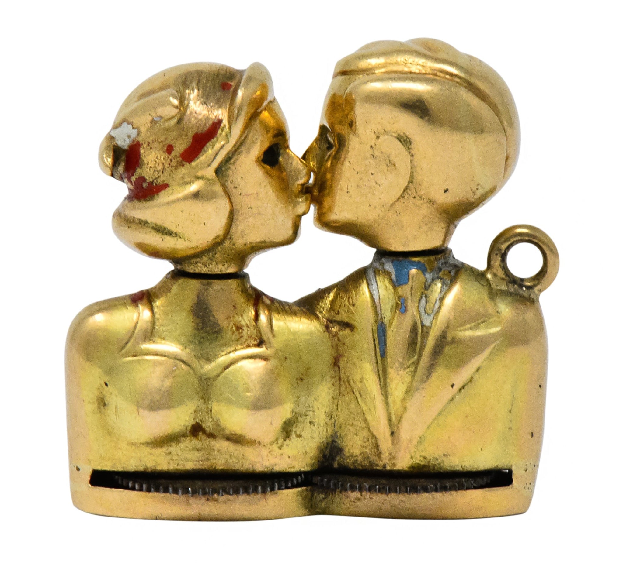 Art Nouveau Enamel 14 Karat Gold Moveable Kissing Couple Charm - Wilson's Estate Jewelry