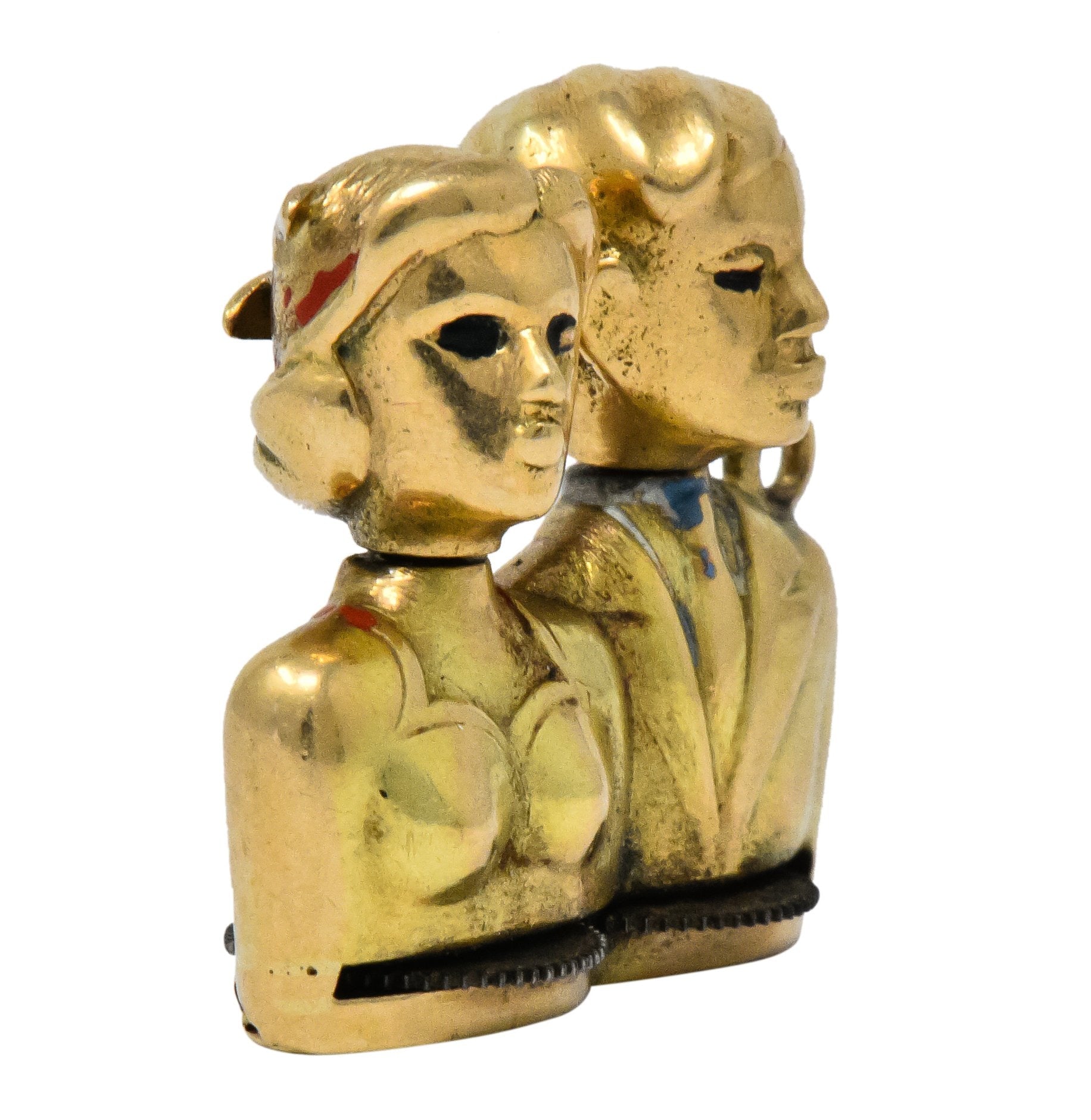 Art Nouveau Enamel 14 Karat Gold Moveable Kissing Couple Charm - Wilson's Estate Jewelry