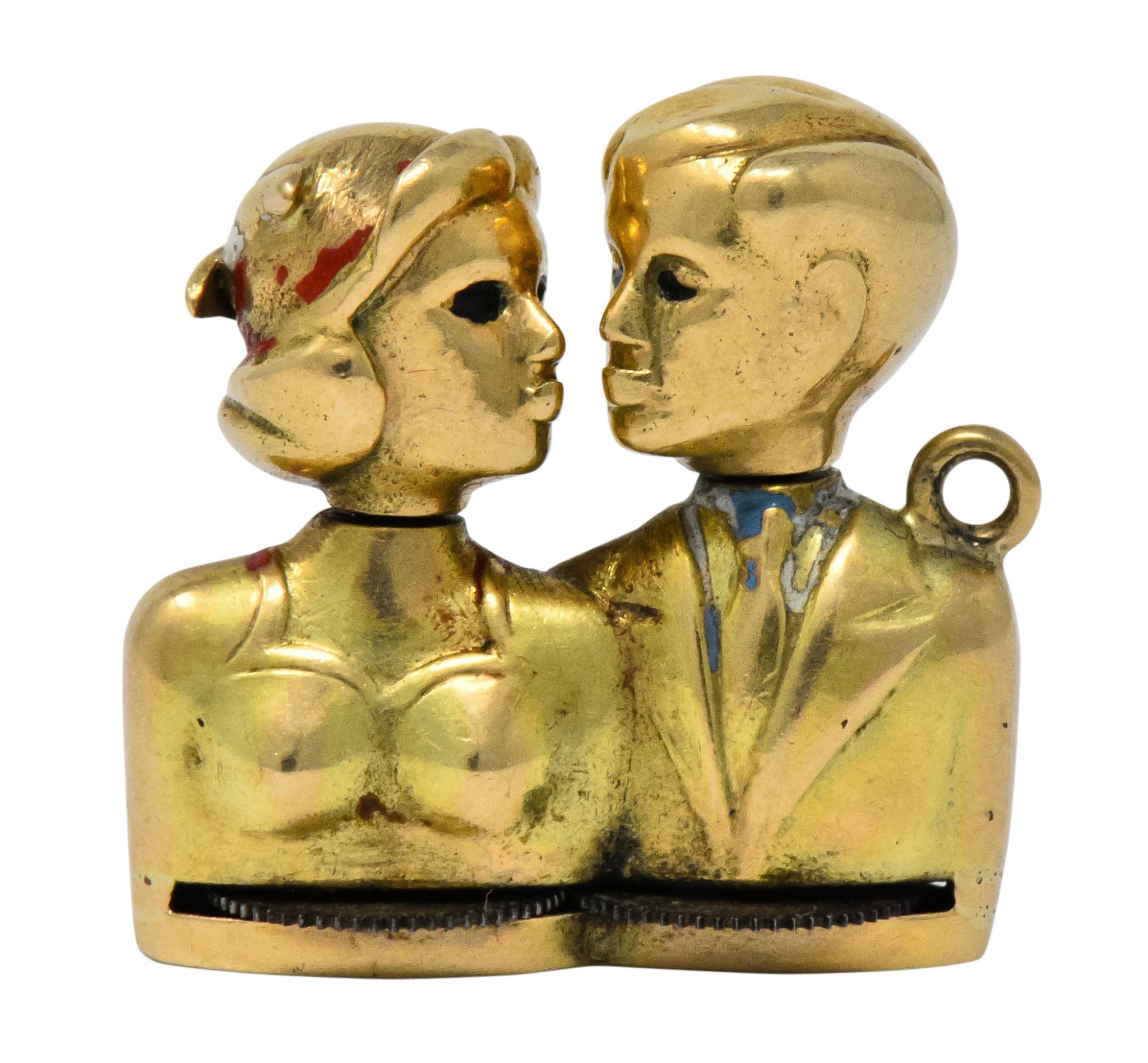 Art Nouveau Enamel 14 Karat Gold Moveable Kissing Couple Charm - Wilson's Estate Jewelry