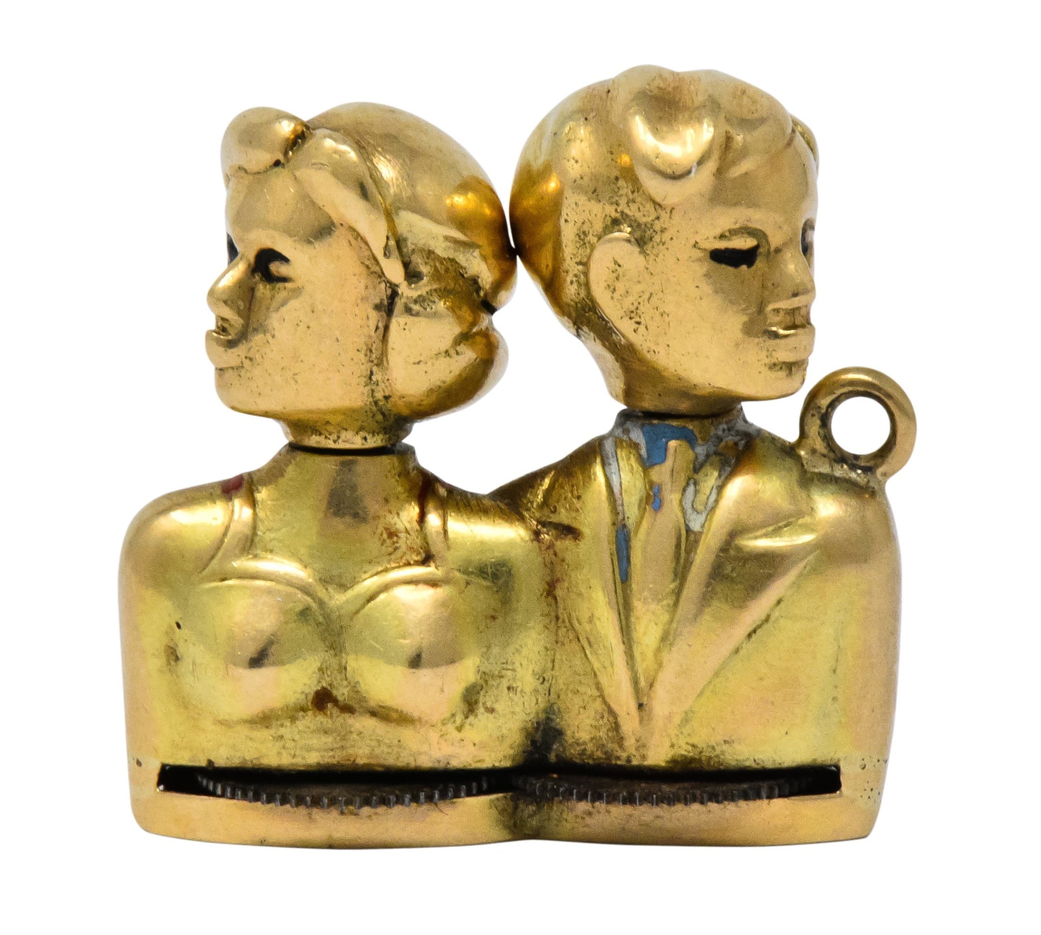 Art Nouveau Enamel 14 Karat Gold Moveable Kissing Couple Charm - Wilson's Estate Jewelry