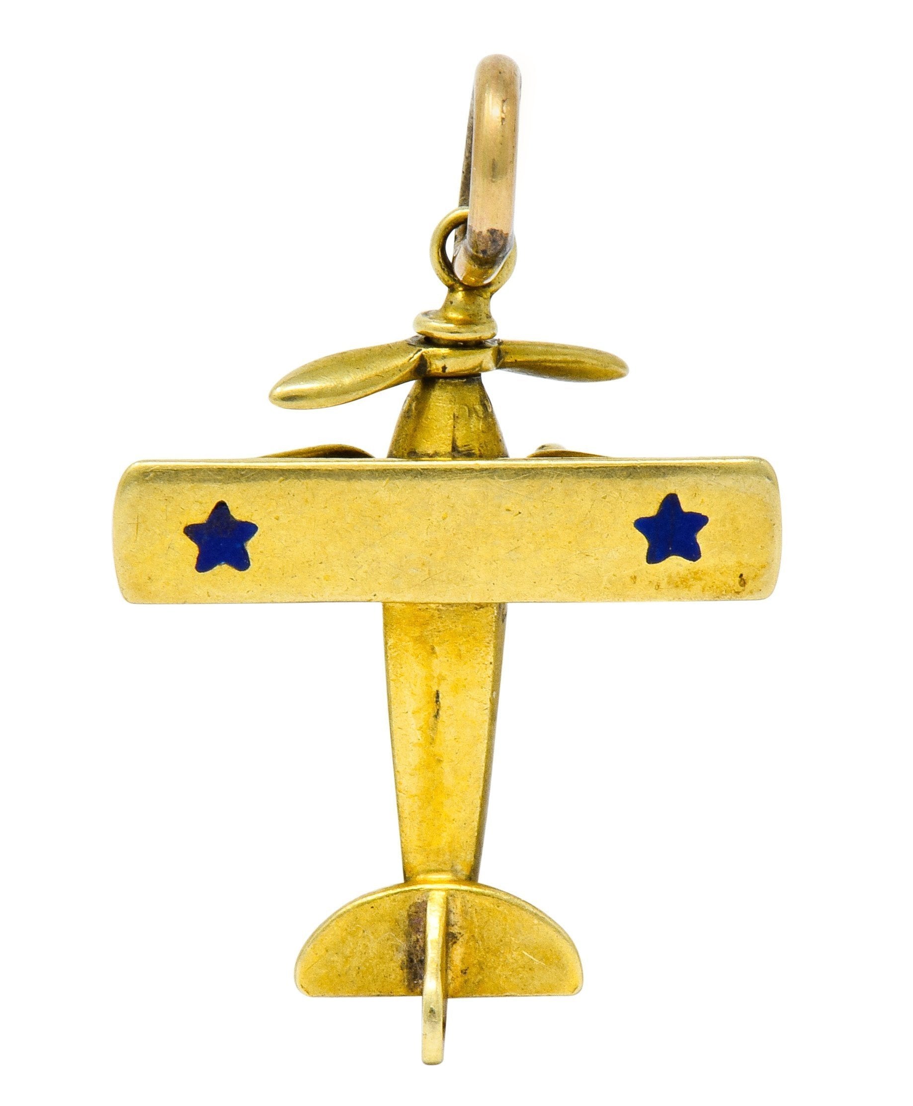 Art Nouveau Enamel 14 Karat Gold Star Propeller Plane Charm - Wilson's Estate Jewelry