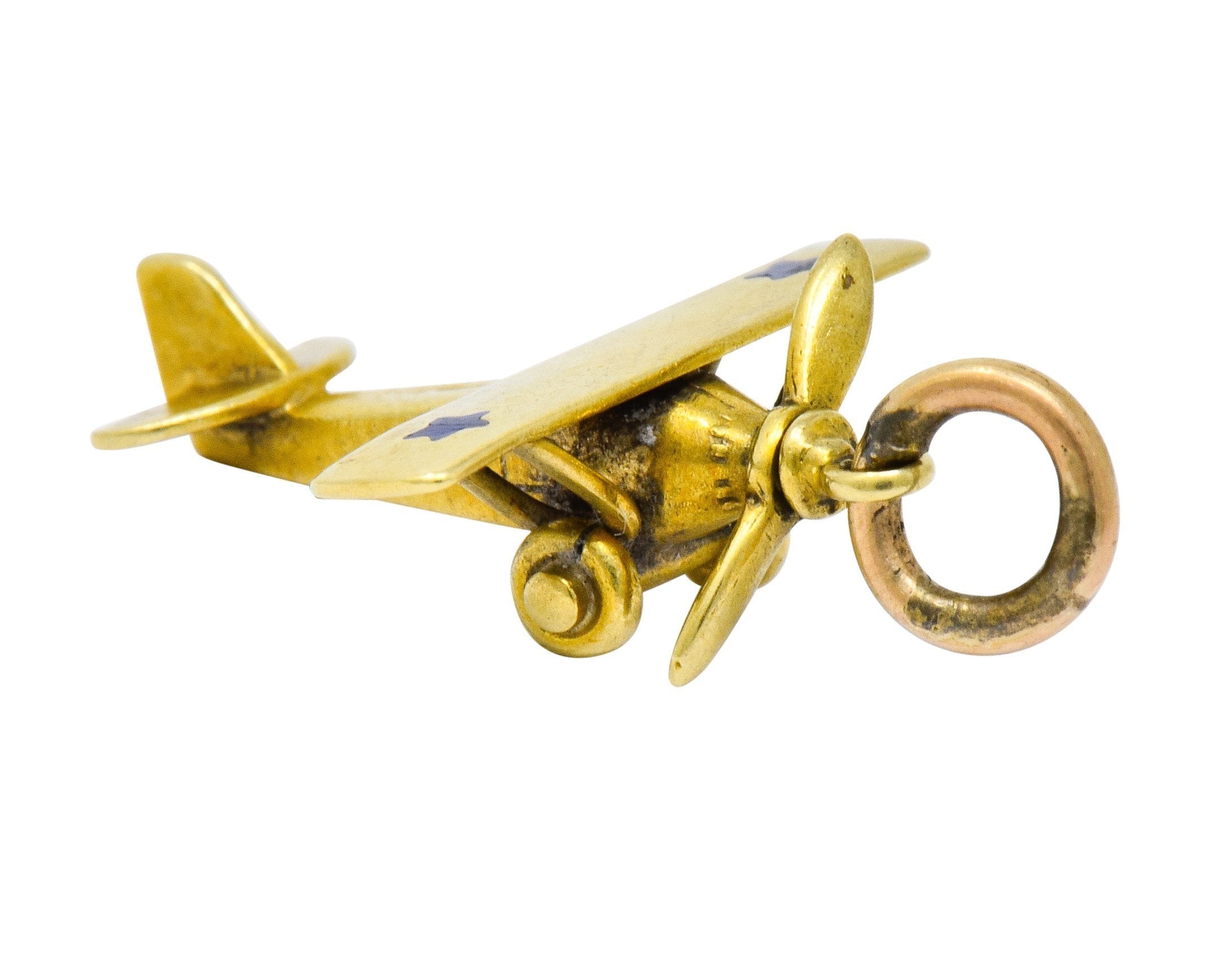 Art Nouveau Enamel 14 Karat Gold Star Propeller Plane Charm - Wilson's Estate Jewelry