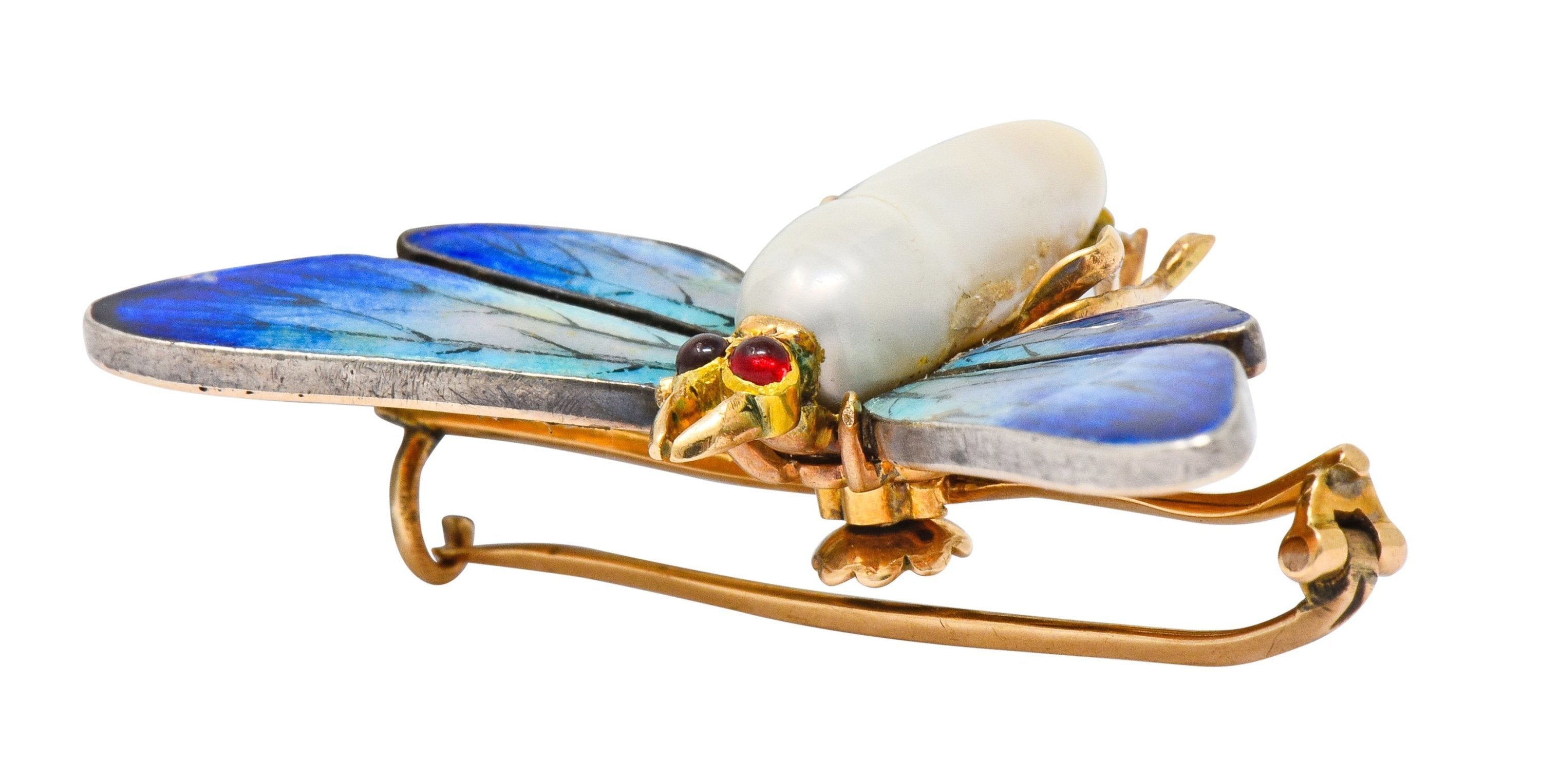 Art Nouveau Enamel Baroque Pearl 14 Karat Gold Butterfly Brooch - Wilson's Estate Jewelry