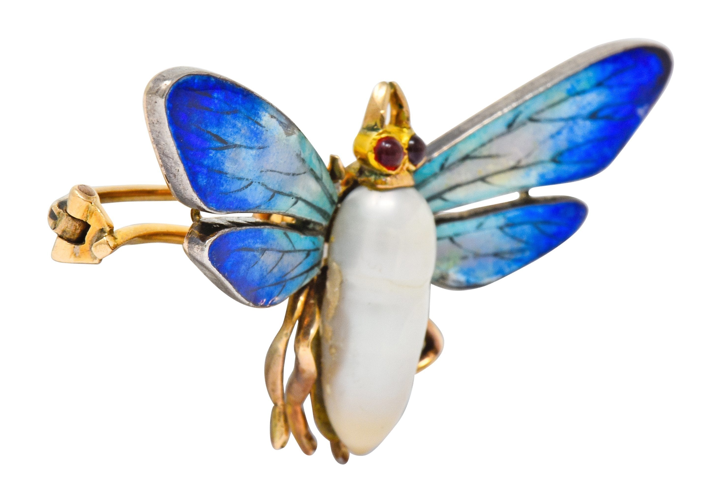 Art Nouveau Enamel Baroque Pearl 14 Karat Gold Butterfly Brooch - Wilson's Estate Jewelry