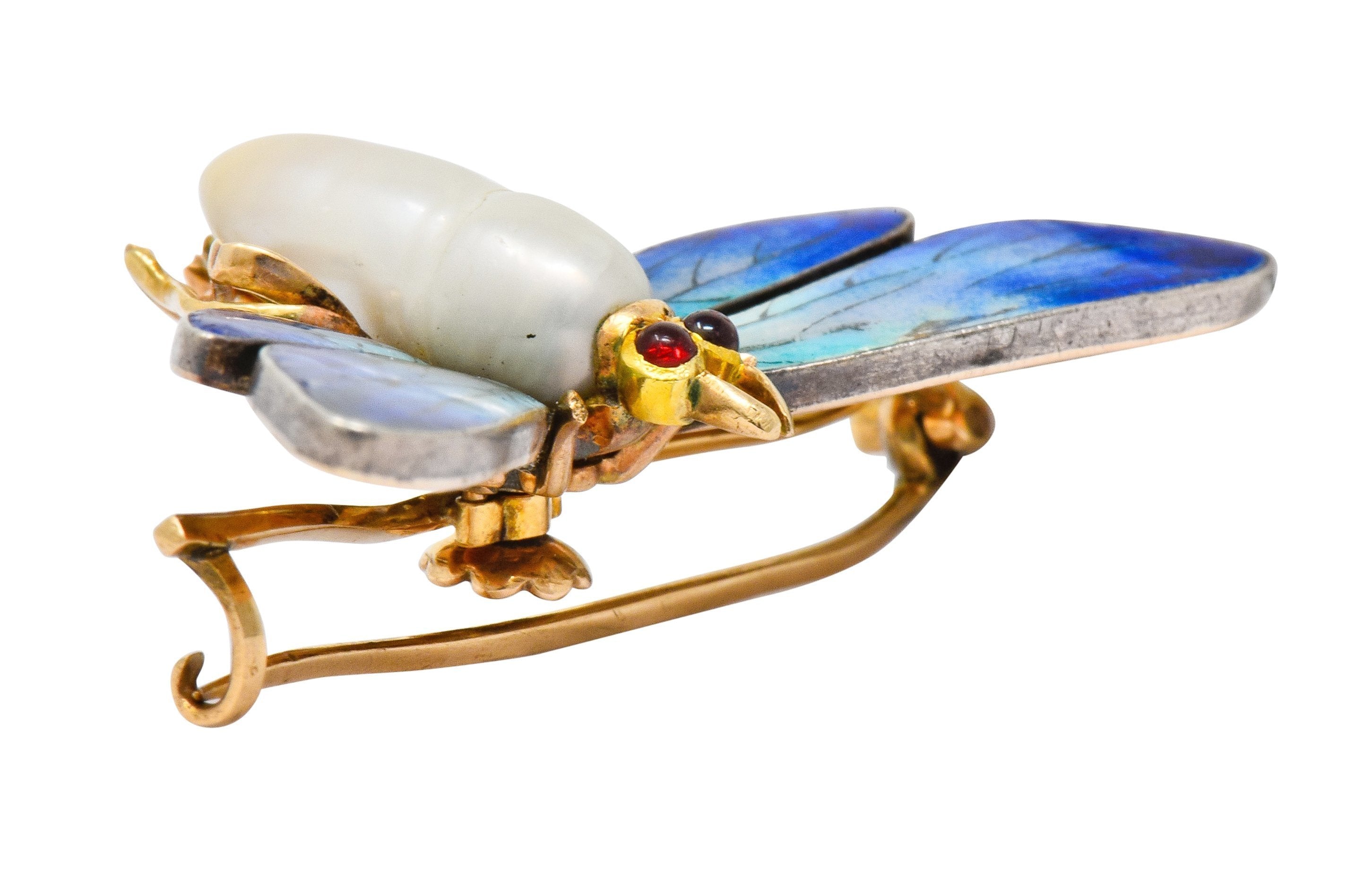 Art Nouveau Enamel Baroque Pearl 14 Karat Gold Butterfly Brooch - Wilson's Estate Jewelry