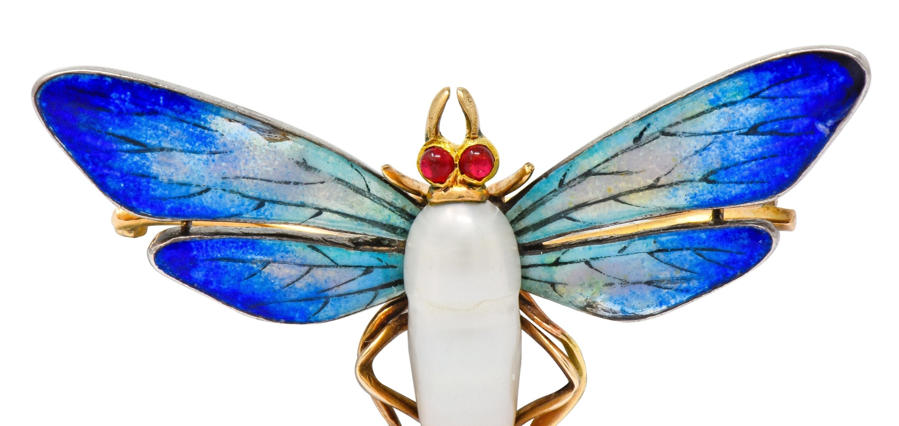 Art Nouveau Enamel Baroque Pearl 14 Karat Gold Butterfly Brooch - Wilson's Estate Jewelry