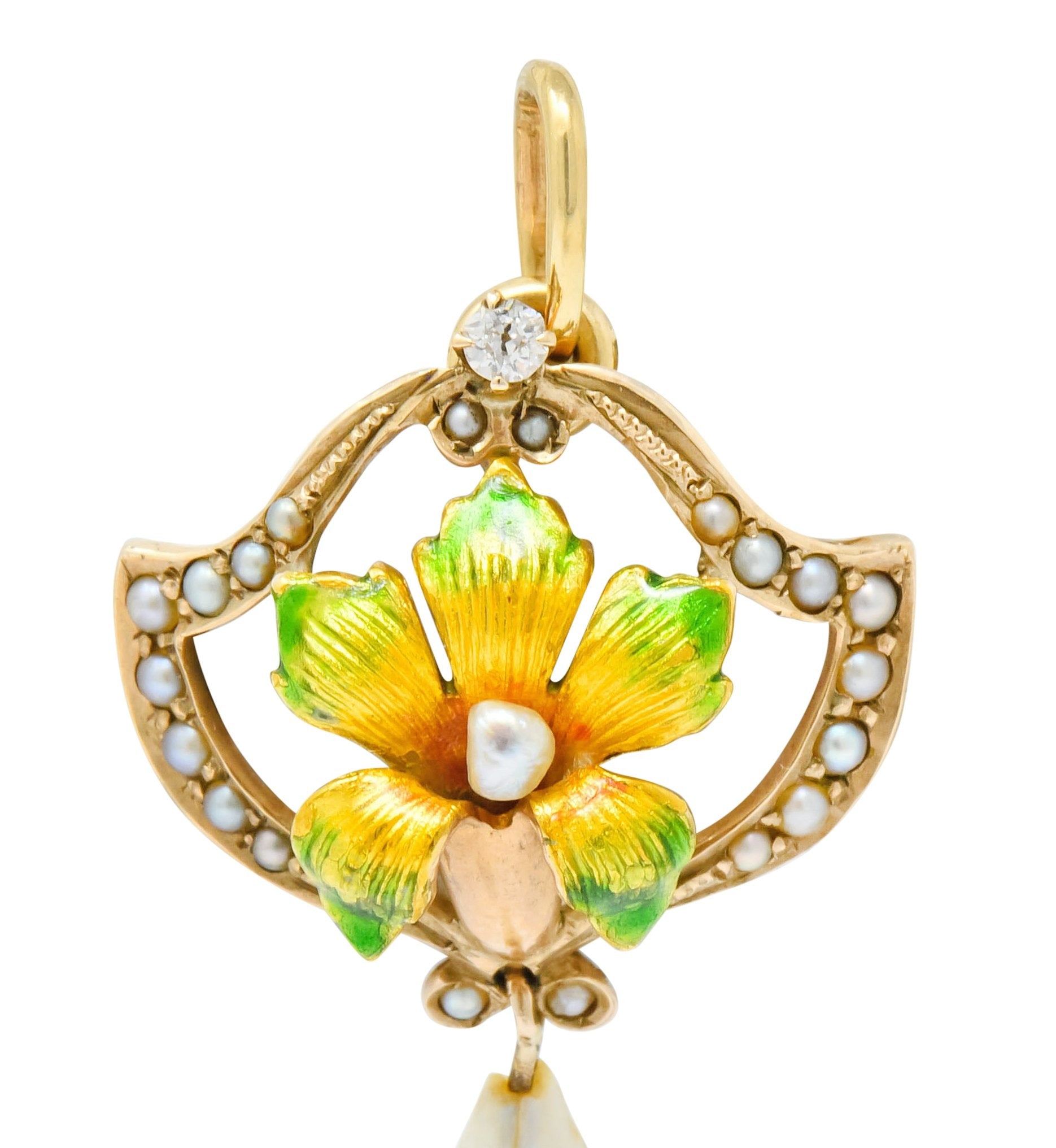 Art Nouveau Enamel Pearl Diamond 14 Karat Gold Lily Flower Pendant - Wilson's Estate Jewelry