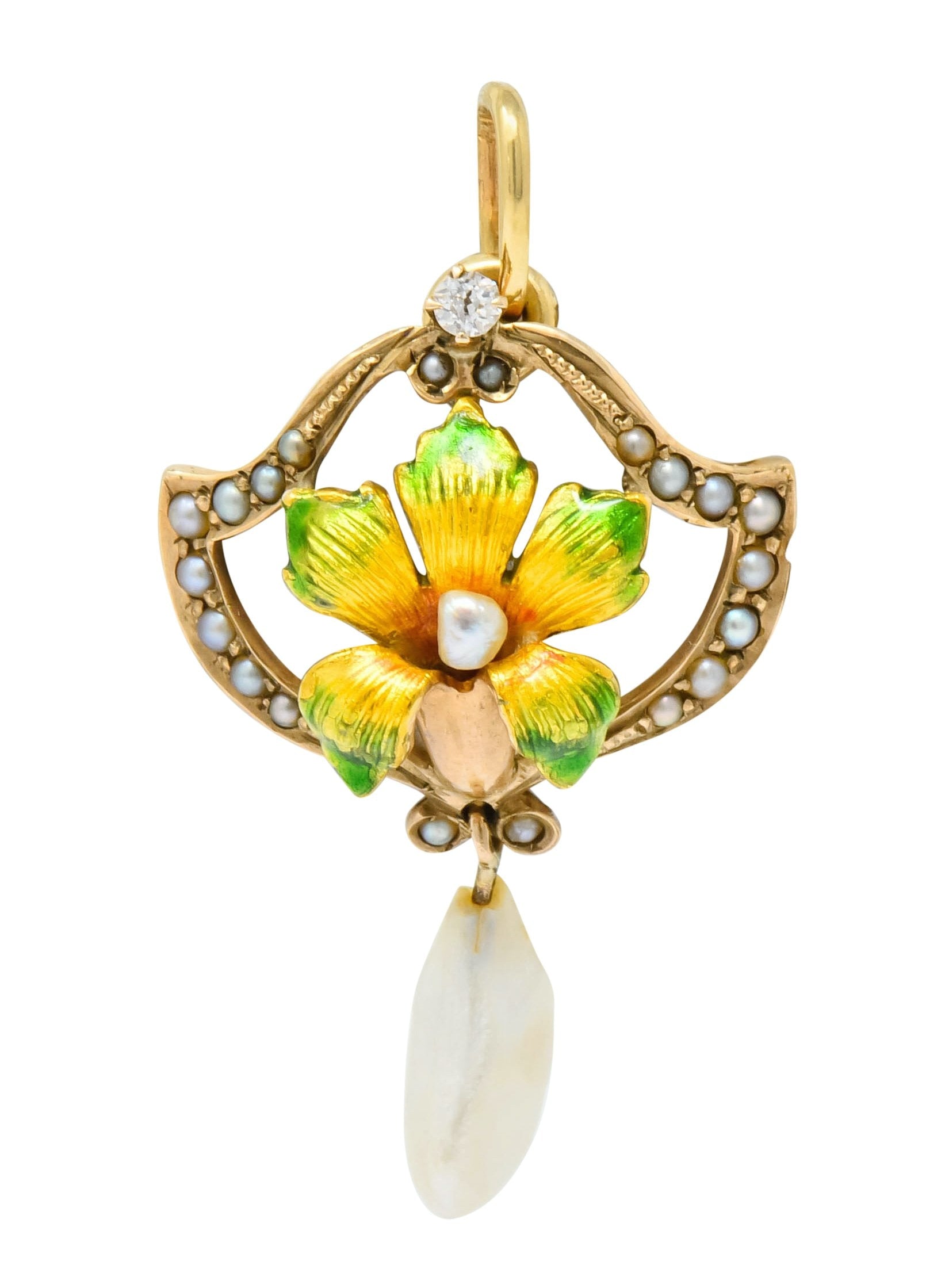 Art Nouveau Enamel Pearl Diamond 14 Karat Gold Lily Flower Pendant - Wilson's Estate Jewelry