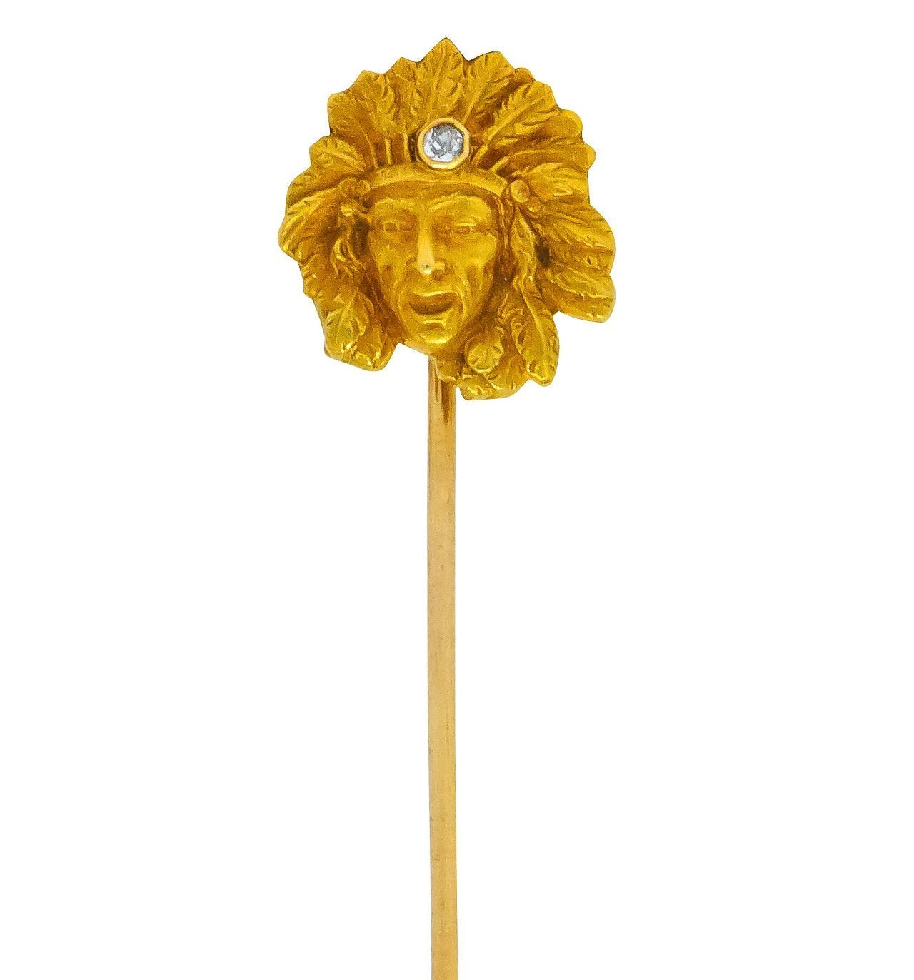 Art Nouveau Old European Cut Diamond 14 Karat Gold Native American Chief Stickpin - Wilson's Estate Jewelry