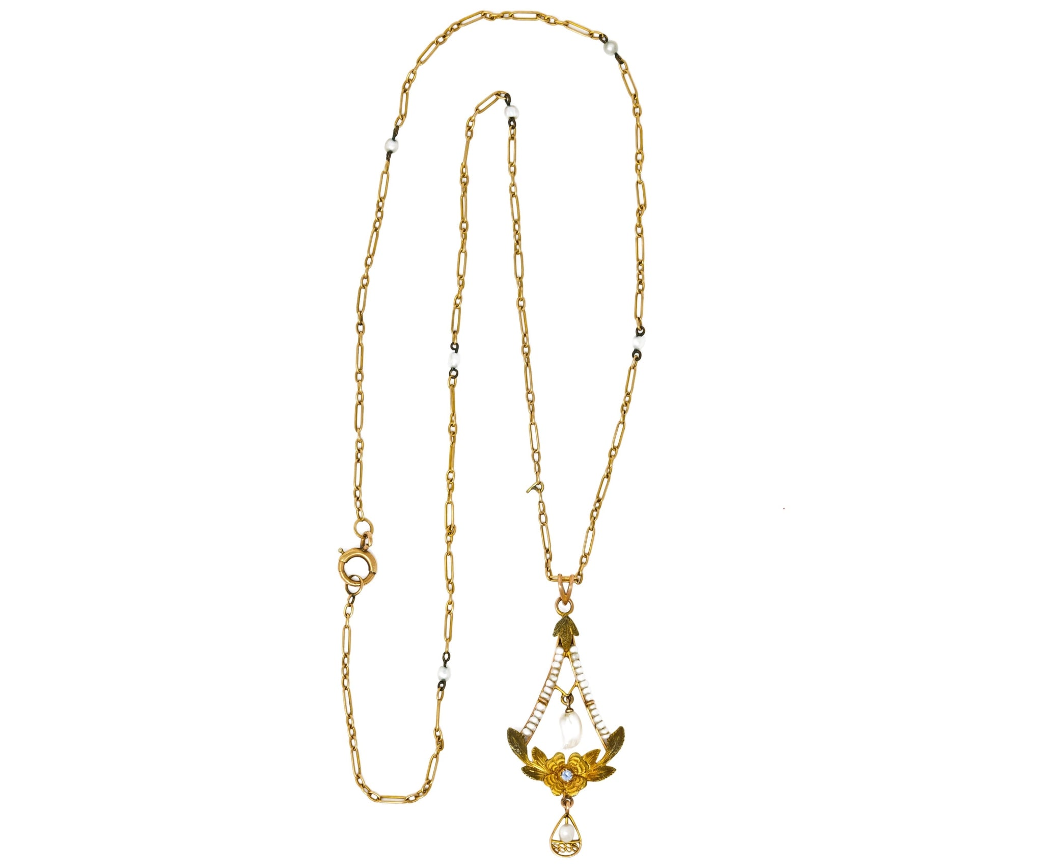 Art Nouveau Pearl Sapphire 10 Karat Tri-Gold Floral Lavalier Pendant Necklace - Wilson's Estate Jewelry