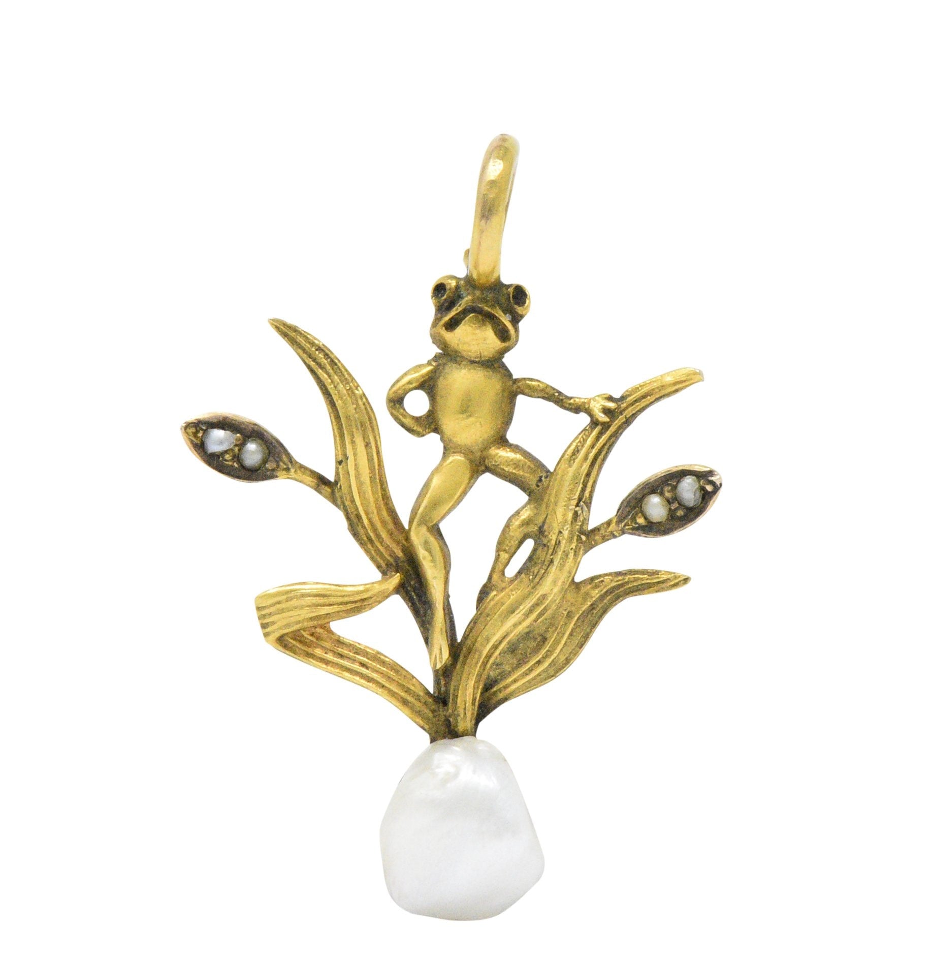 Art Nouveau Pearl Seed Pearl And 14 Karat Gold Frog Pendant Wilson's Estate Jewelry