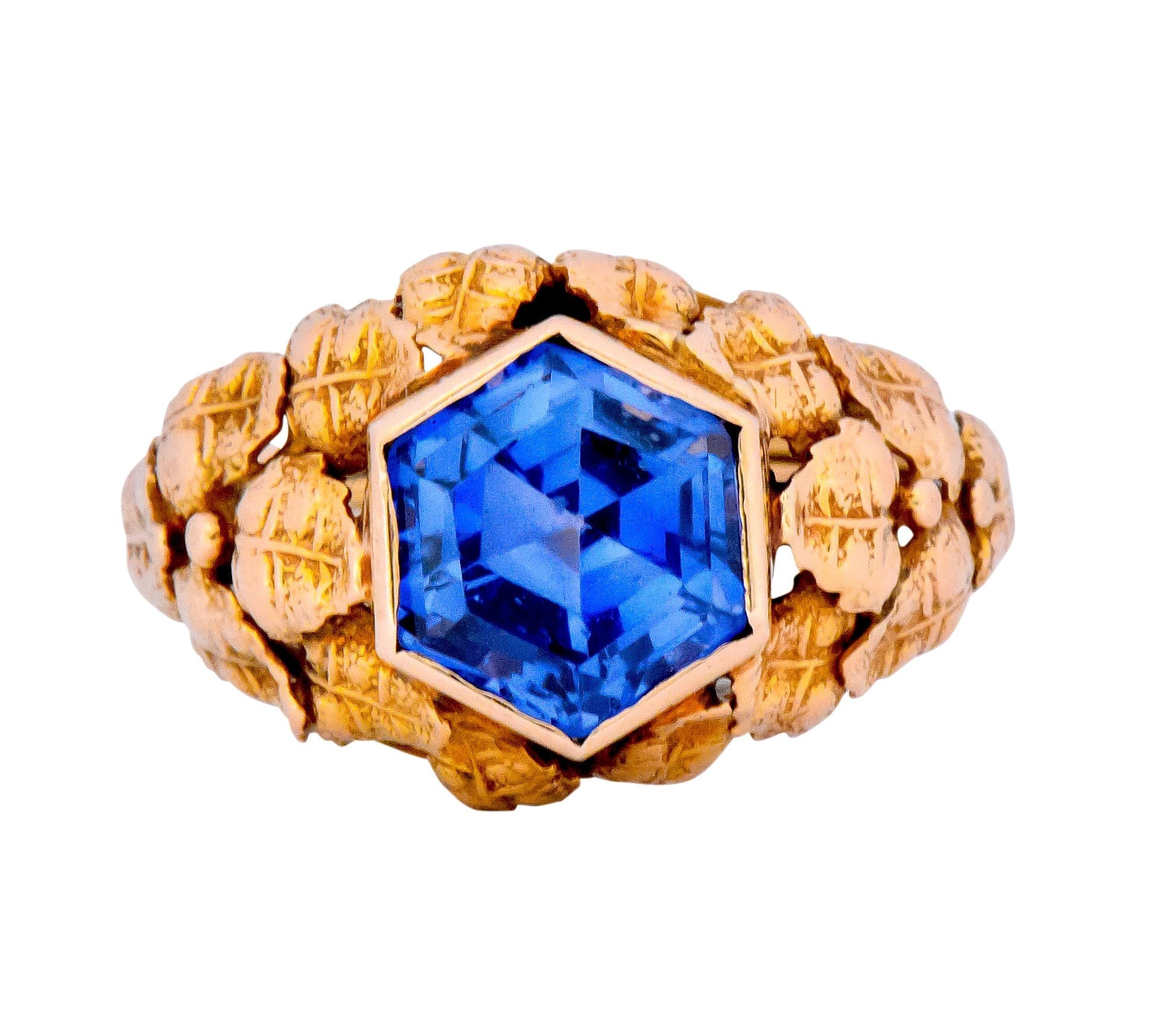 Arts & Crafts 1910 No Heat Hexagonal Sapphire 14 Karat Rose Gold Foliate Ring GIA - Wilson's Estate Jewelry