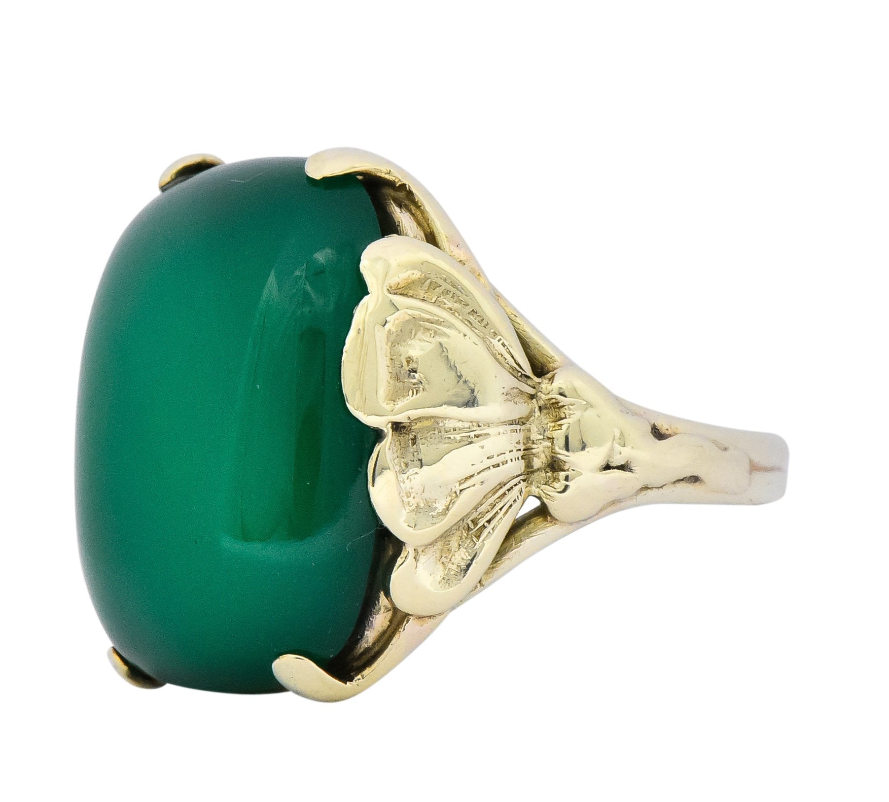 Arts & Crafts Chrysoprase 14 Karat Gold Lotus Ring - Wilson's Estate Jewelry