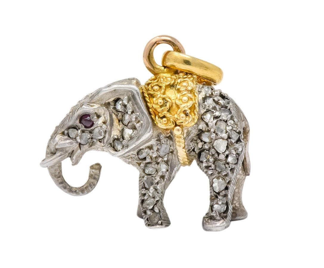 Belle Epoque French Diamond Ruby Silver 18 Karat Gold Elephant Charm Edwardian - Wilson's Estate Jewelry