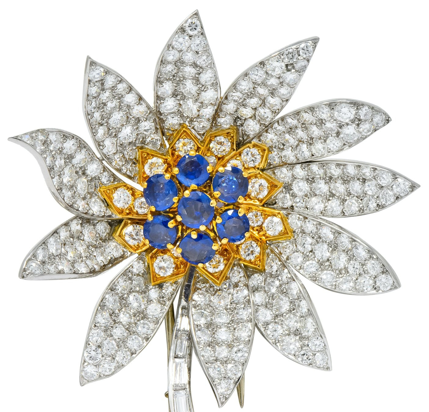 Boucheron Paris 1960's 8.60 CTW Diamond Sapphire Platinum 18 Karat Gold Flower Brooch - Wilson's Estate Jewelry