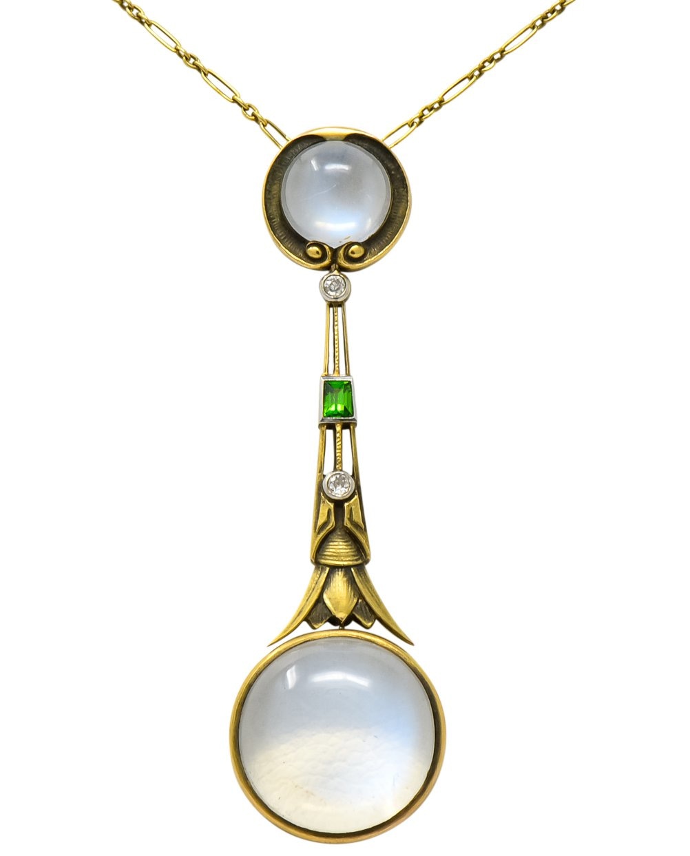 Brassler & Co. Art Nouveau Moonstone Demantoid Garnet Diamond 14 Karat Gold Drop Necklace - Wilson's Estate Jewelry