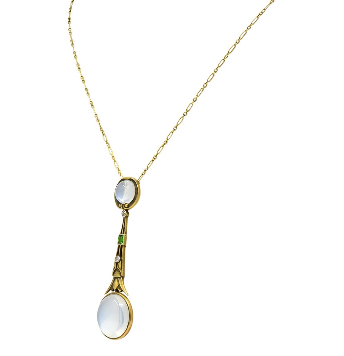 Brassler & Co. Art Nouveau Moonstone Demantoid Garnet Diamond 14 Karat Gold Drop Necklace - Wilson's Estate Jewelry