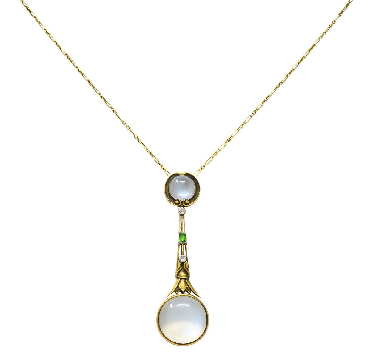 Brassler & Co. Art Nouveau Moonstone Demantoid Garnet Diamond 14 Karat Gold Drop Necklace - Wilson's Estate Jewelry