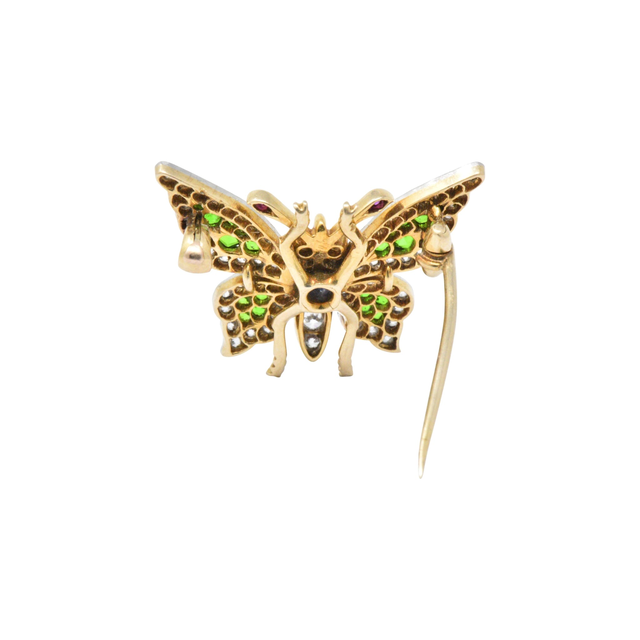 Breathtaking Belle Epoque Sapphire, Demantoid, Ruby, Diamond & Platinum-Topped 18K Gold Butterfly Brooch Wilson's Estate Jewelry