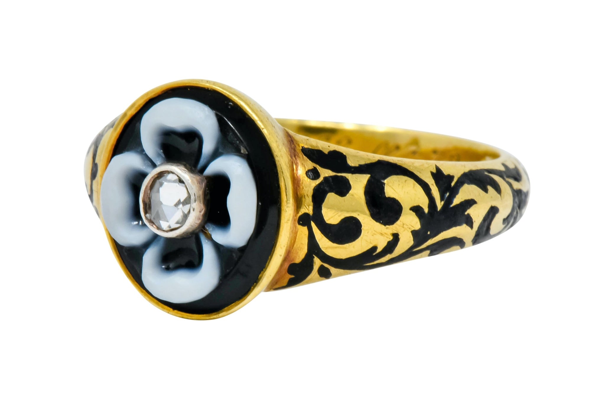 British 1882 Victorian Diamond Onyx Enamel 18 Karat Gold Flower Mourning Ring - Wilson's Estate Jewelry